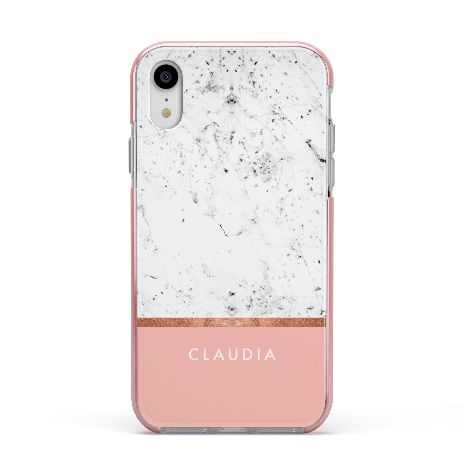 Personalised Marble With Name Initials Pink Apple iPhone XR Impact Case Pink Edge on Silver Phone