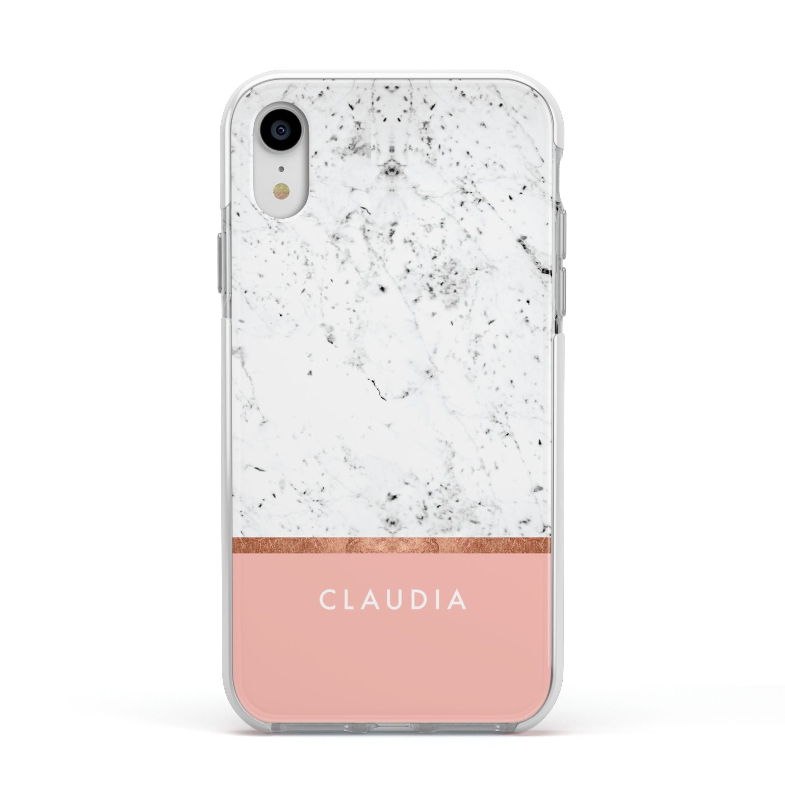 Personalised Marble With Name Initials Pink Apple iPhone XR Impact Case White Edge on Silver Phone