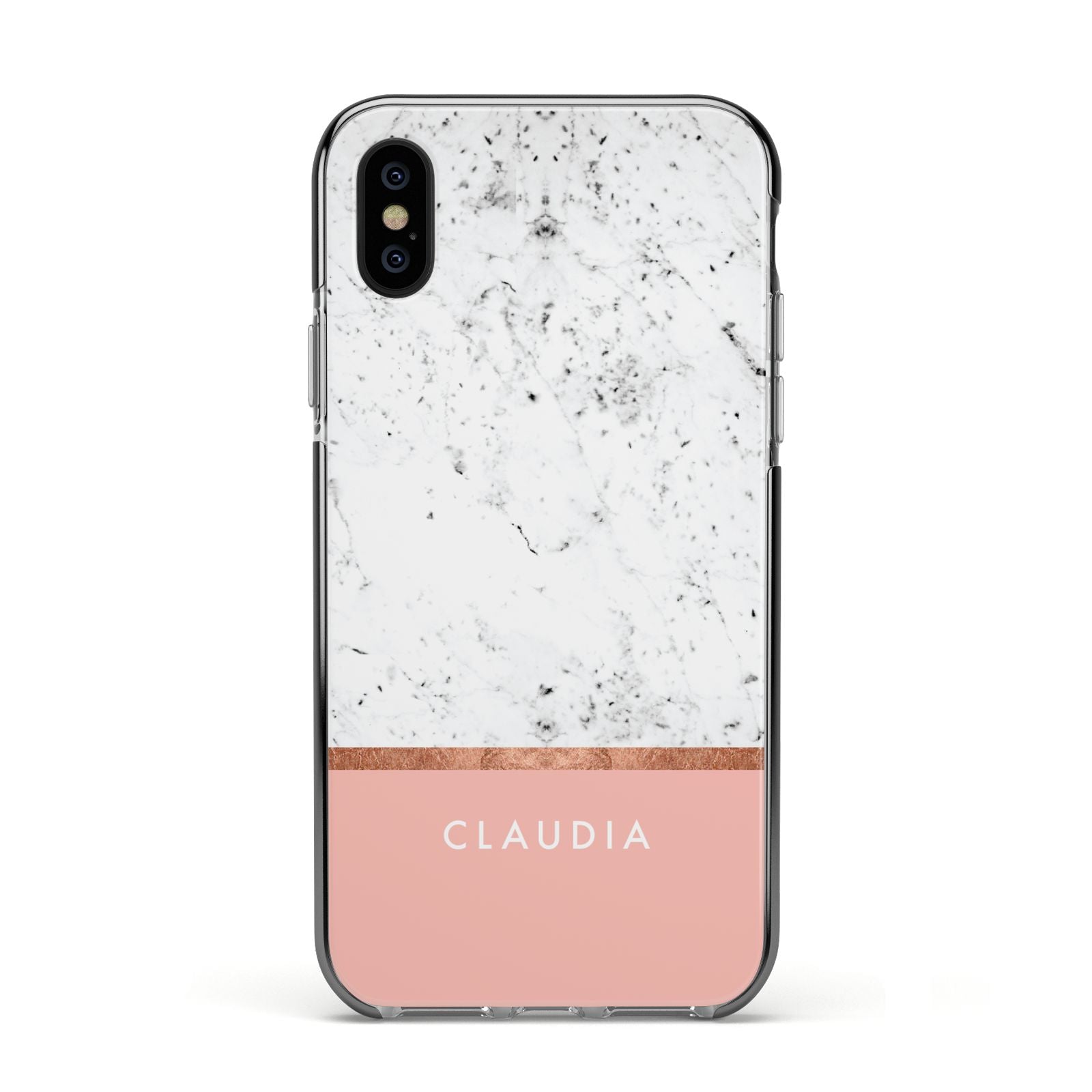 Personalised Marble With Name Initials Pink Apple iPhone Xs Impact Case Black Edge on Black Phone
