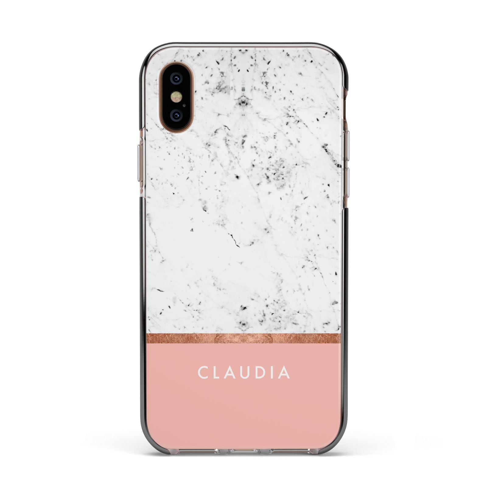 Personalised Marble With Name Initials Pink Apple iPhone Xs Impact Case Black Edge on Gold Phone