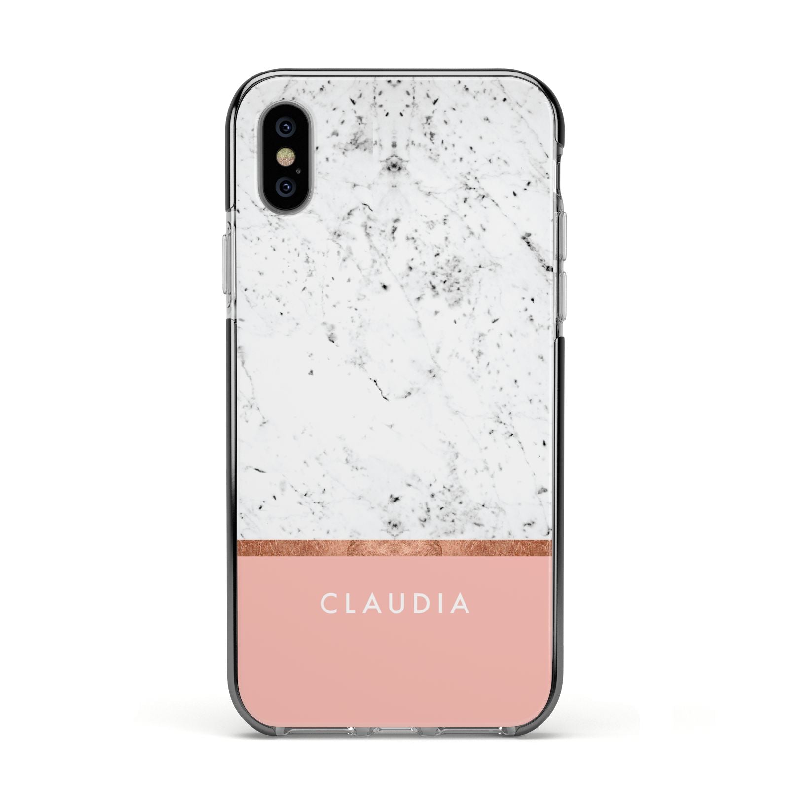Personalised Marble With Name Initials Pink Apple iPhone Xs Impact Case Black Edge on Silver Phone