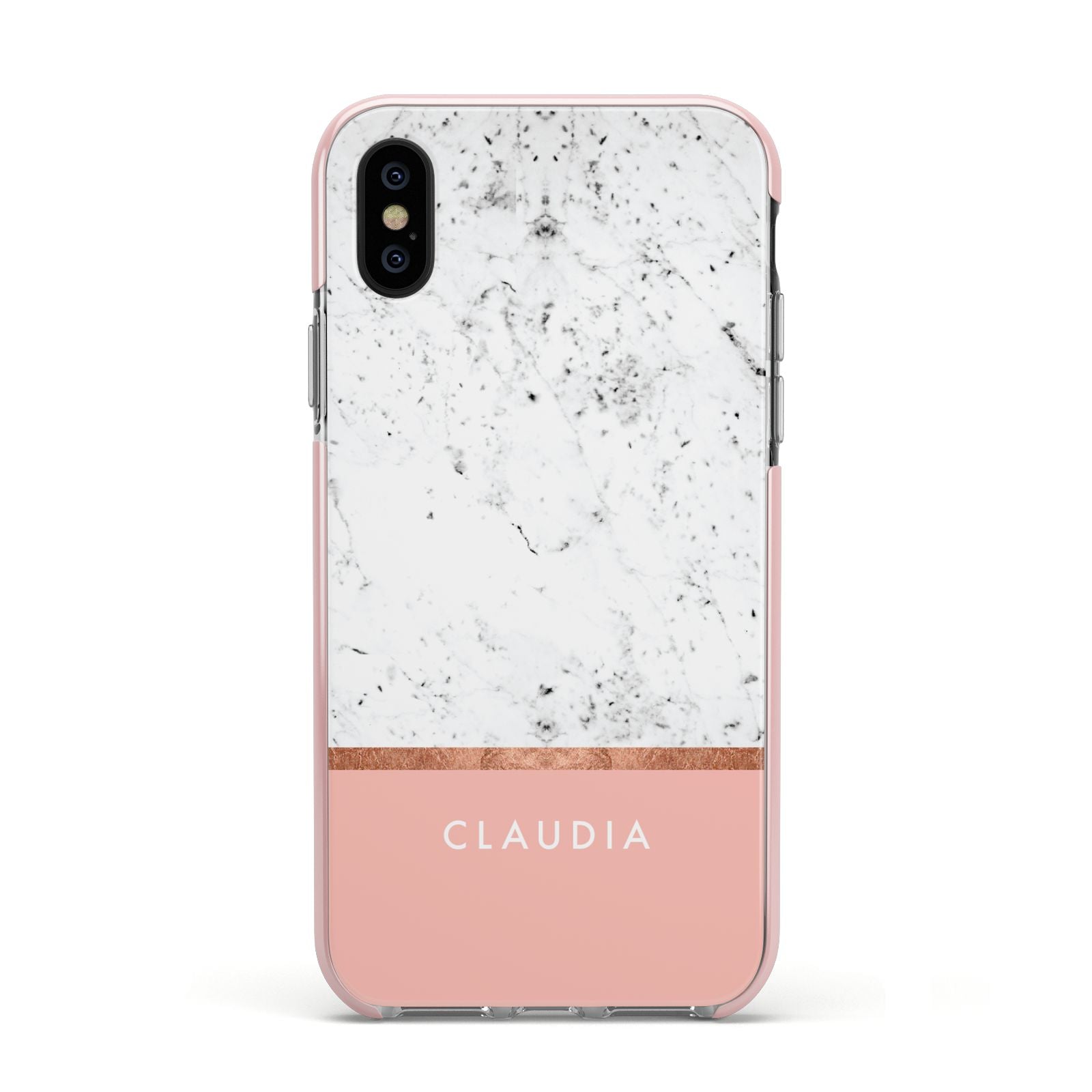 Personalised Marble With Name Initials Pink Apple iPhone Xs Impact Case Pink Edge on Black Phone