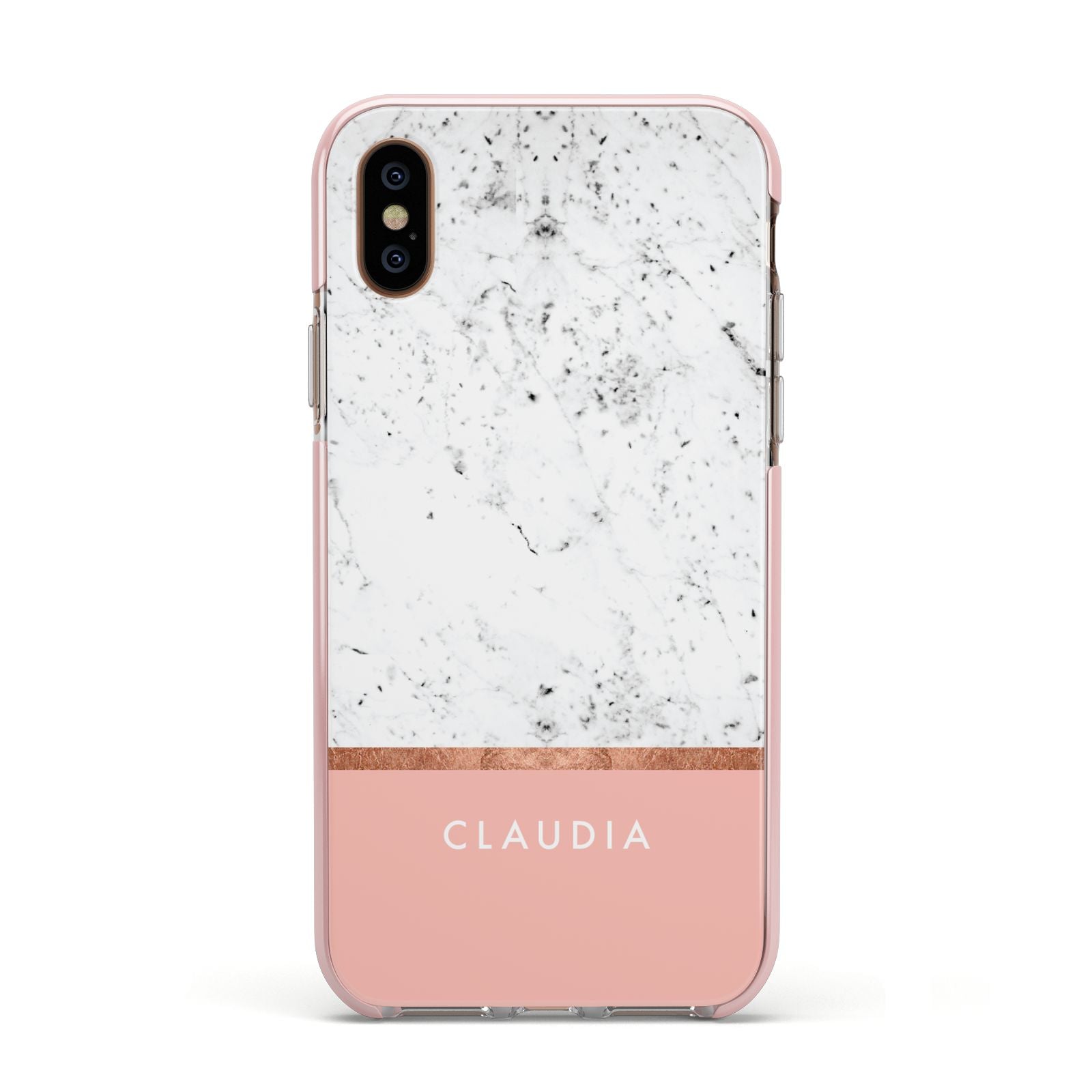 Personalised Marble With Name Initials Pink Apple iPhone Xs Impact Case Pink Edge on Gold Phone