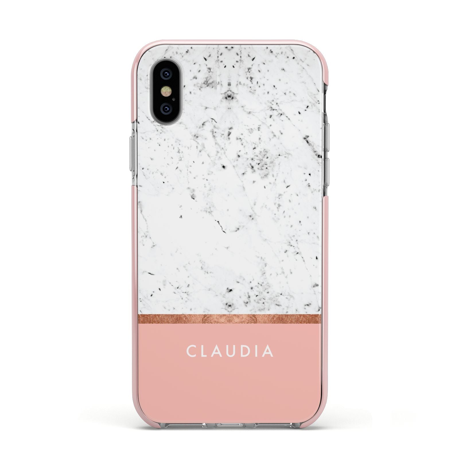Personalised Marble With Name Initials Pink Apple iPhone Xs Impact Case Pink Edge on Silver Phone