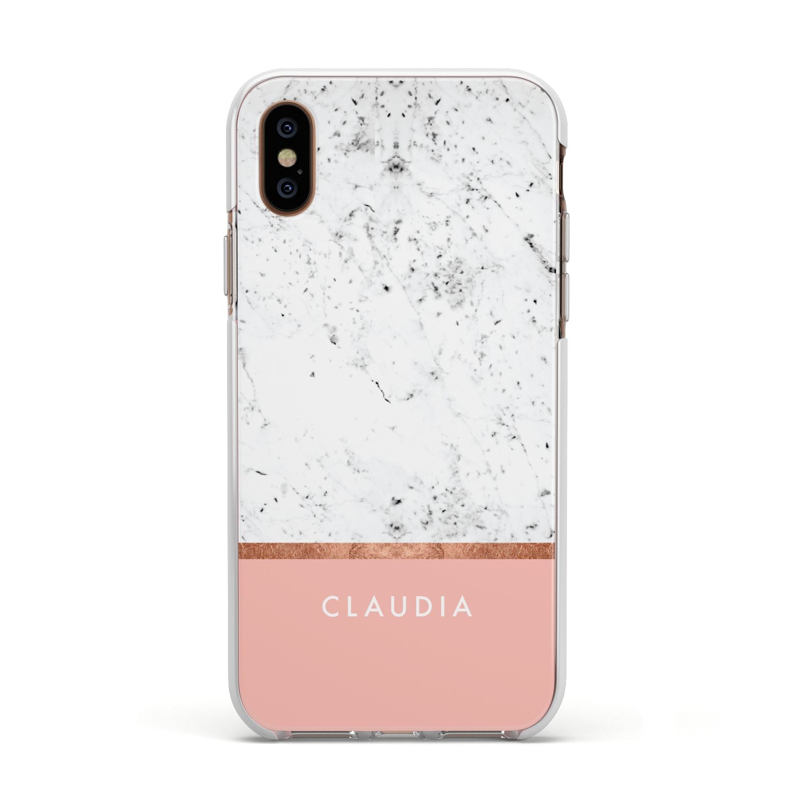 Personalised Marble With Name Initials Pink Apple iPhone Xs Impact Case White Edge on Gold Phone