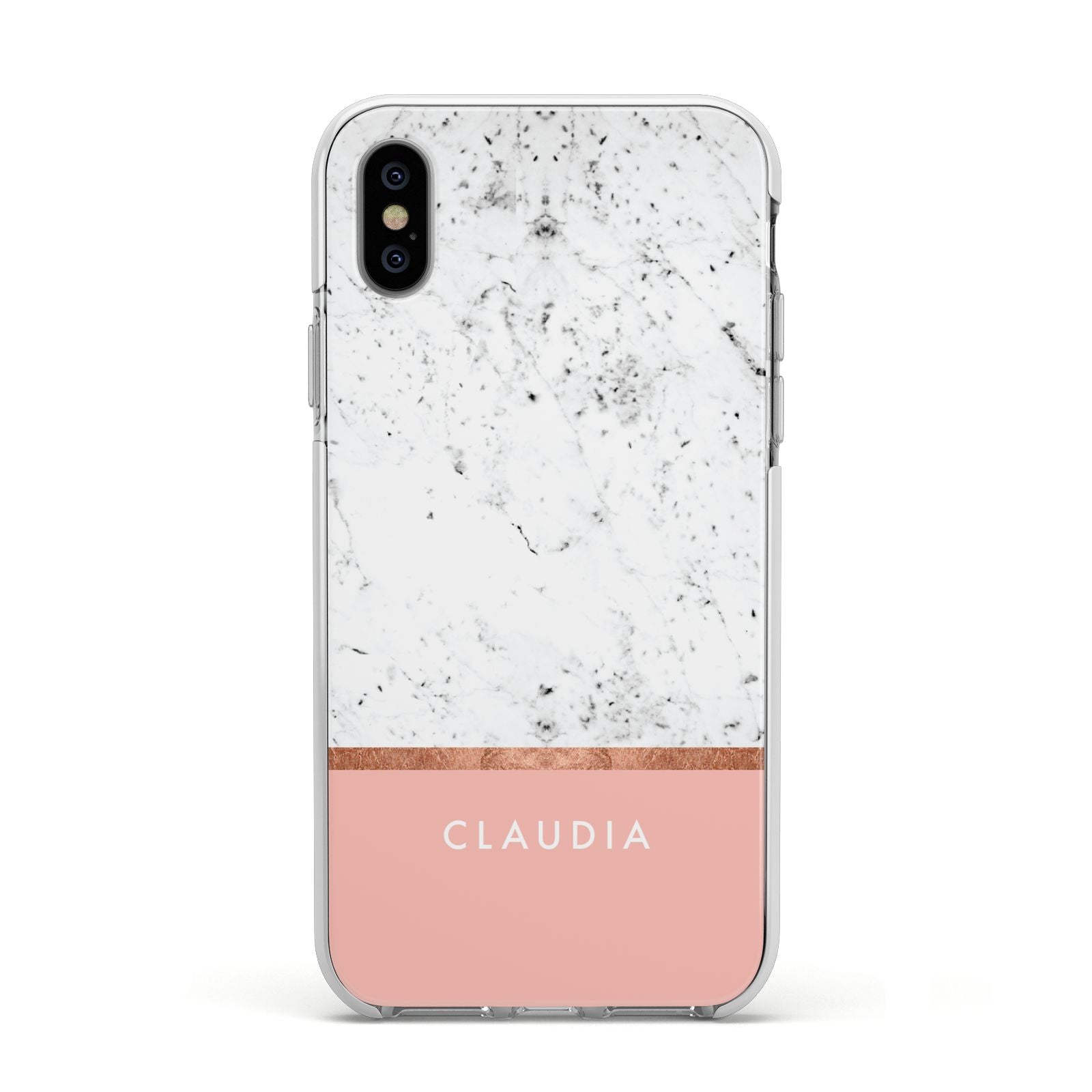 Personalised Marble With Name Initials Pink Apple iPhone Xs Impact Case White Edge on Silver Phone