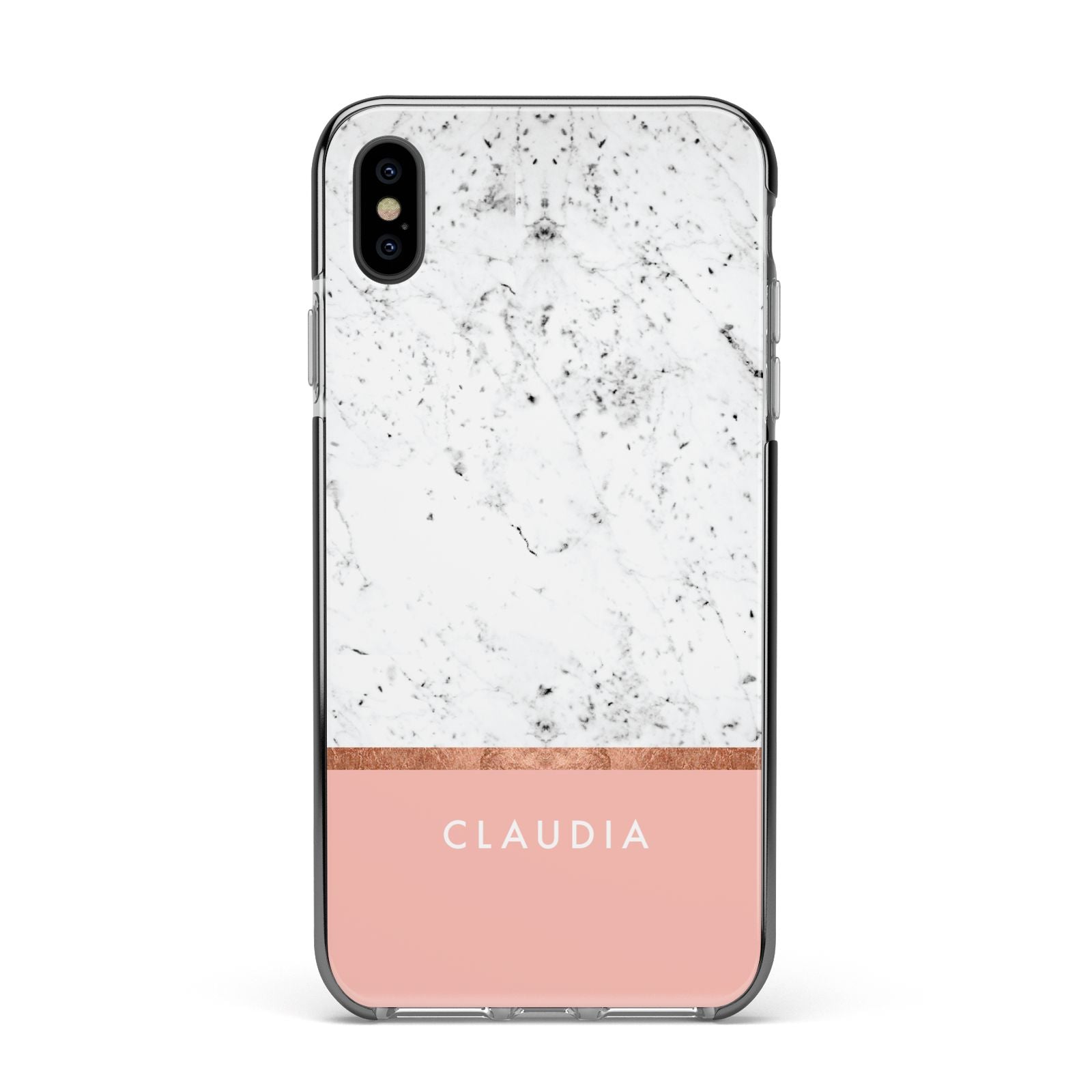 Personalised Marble With Name Initials Pink Apple iPhone Xs Max Impact Case Black Edge on Black Phone
