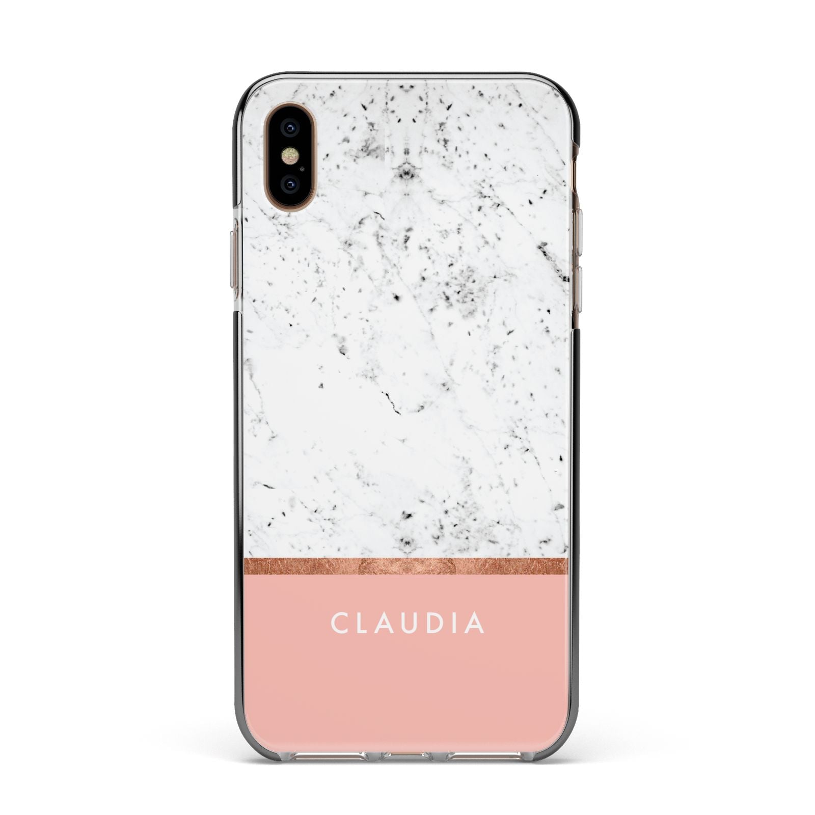 Personalised Marble With Name Initials Pink Apple iPhone Xs Max Impact Case Black Edge on Gold Phone