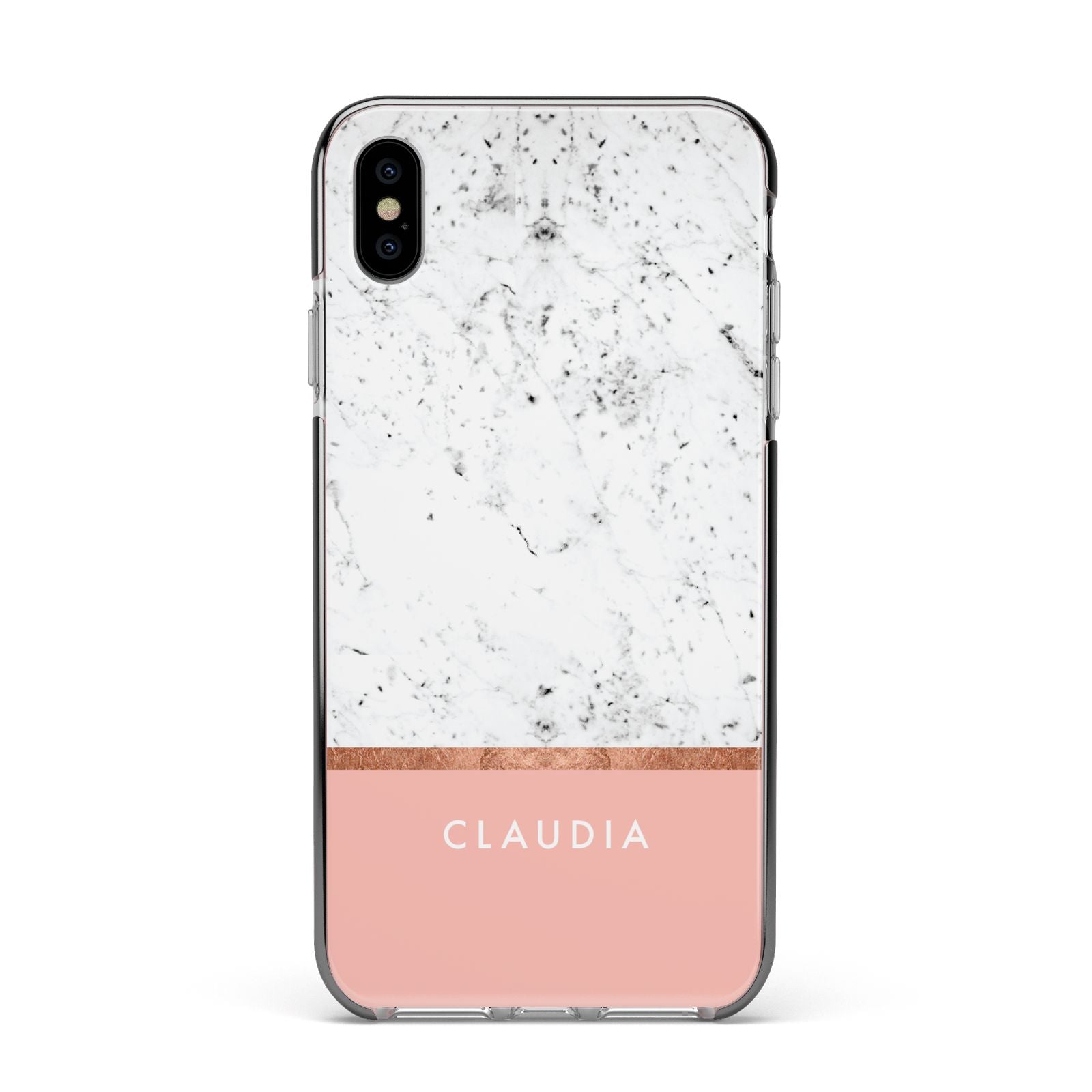 Personalised Marble With Name Initials Pink Apple iPhone Xs Max Impact Case Black Edge on Silver Phone