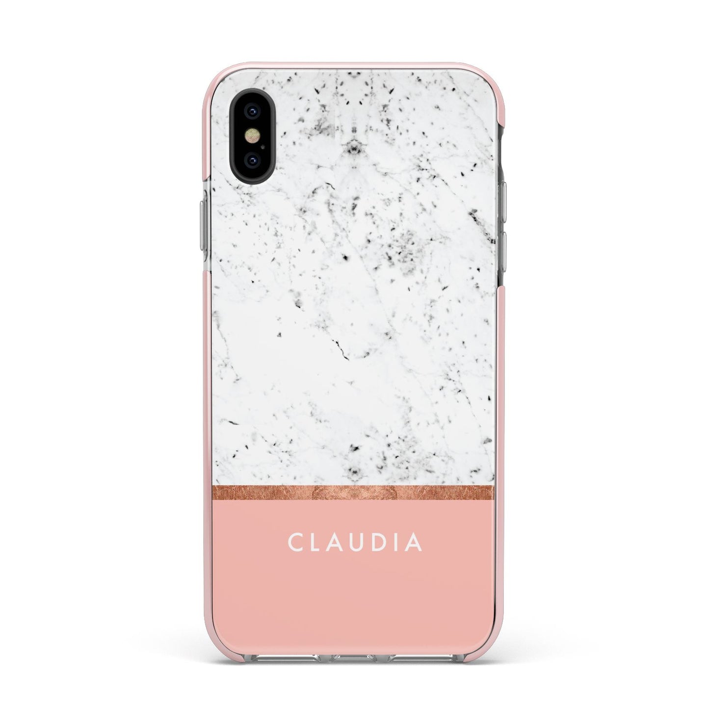 Personalised Marble With Name Initials Pink Apple iPhone Xs Max Impact Case Pink Edge on Black Phone