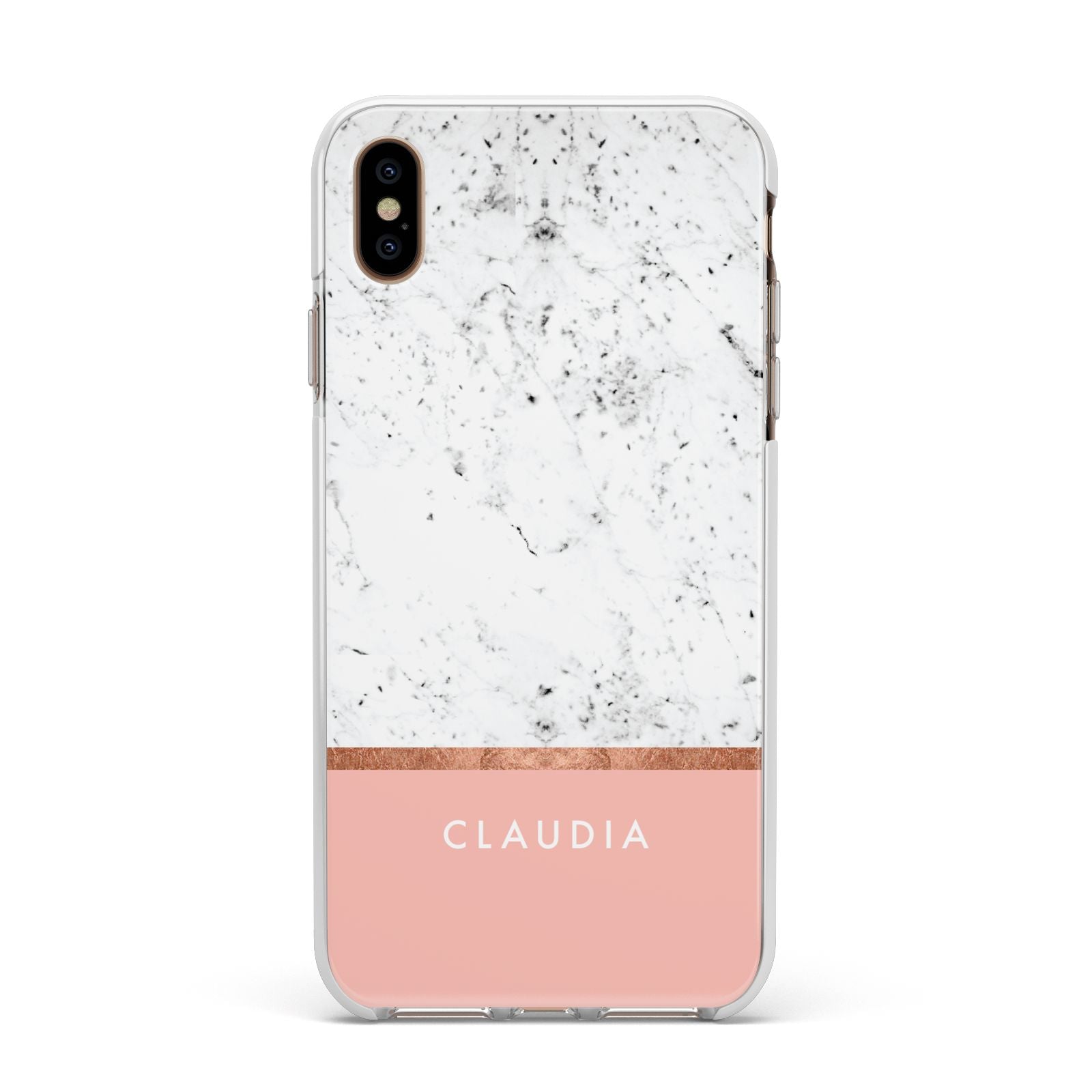 Personalised Marble With Name Initials Pink Apple iPhone Xs Max Impact Case White Edge on Gold Phone