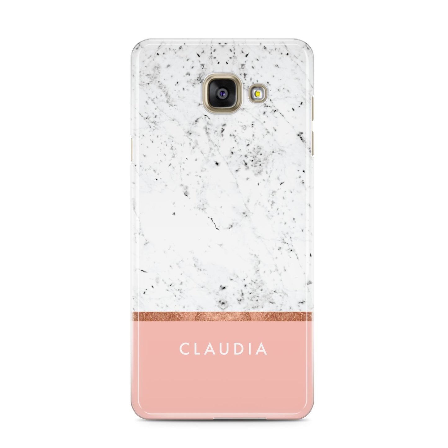 Personalised Marble With Name Initials Pink Samsung Galaxy A3 2016 Case on gold phone