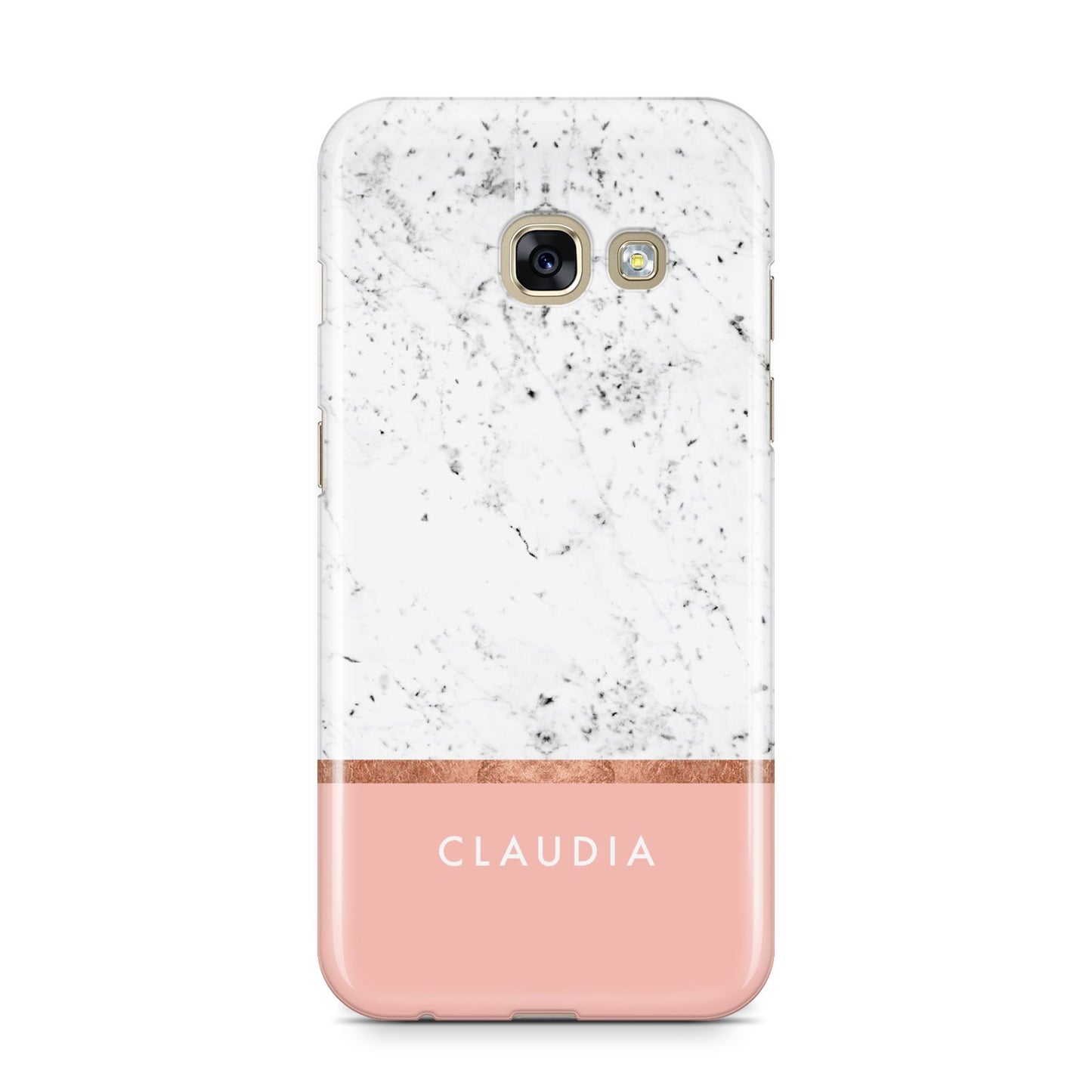 Personalised Marble With Name Initials Pink Samsung Galaxy A3 2017 Case on gold phone