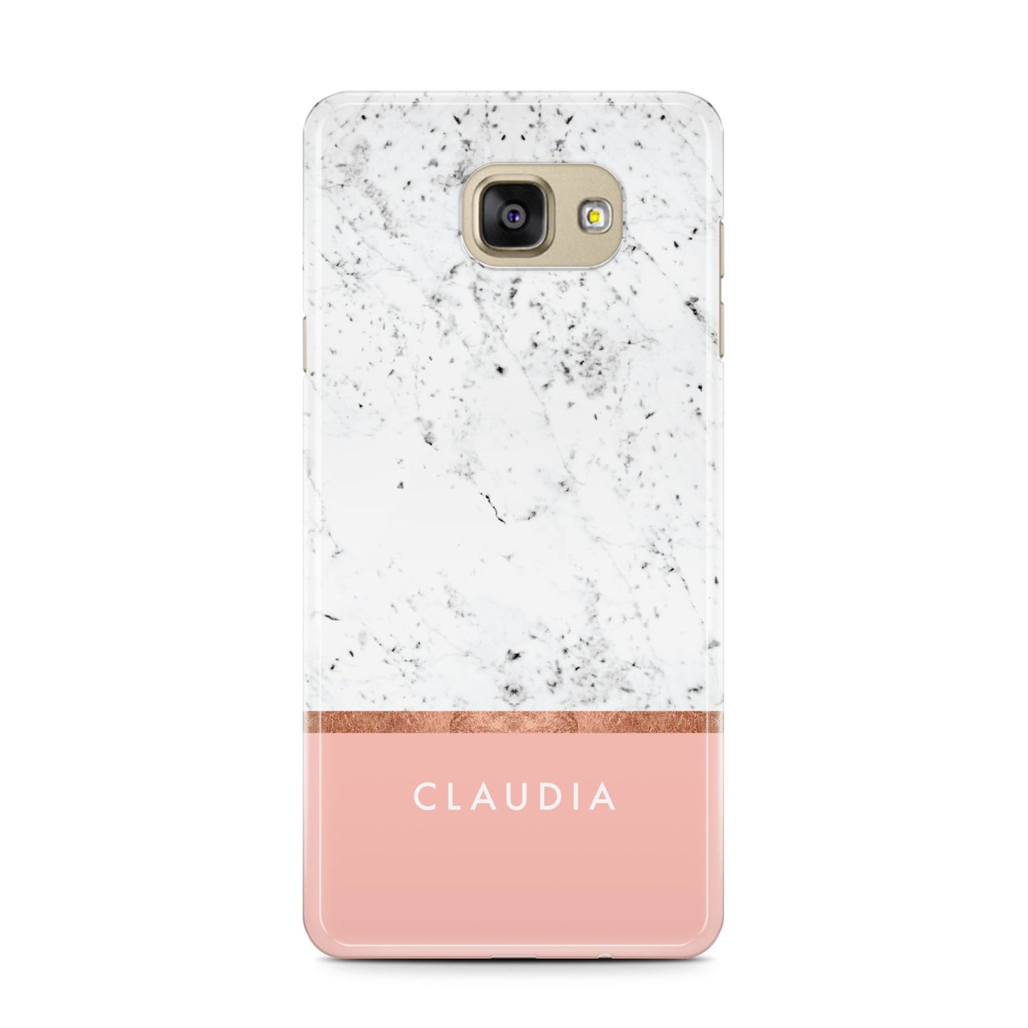 Personalised Marble With Name Initials Pink Samsung Galaxy A7 2016 Case on gold phone