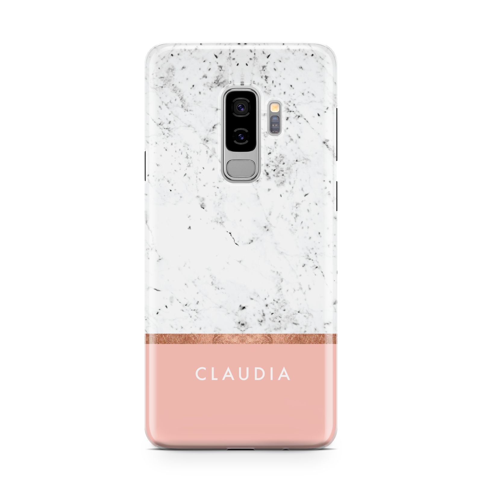 Personalised Marble With Name Initials Pink Samsung Galaxy S9 Plus Case on Silver phone