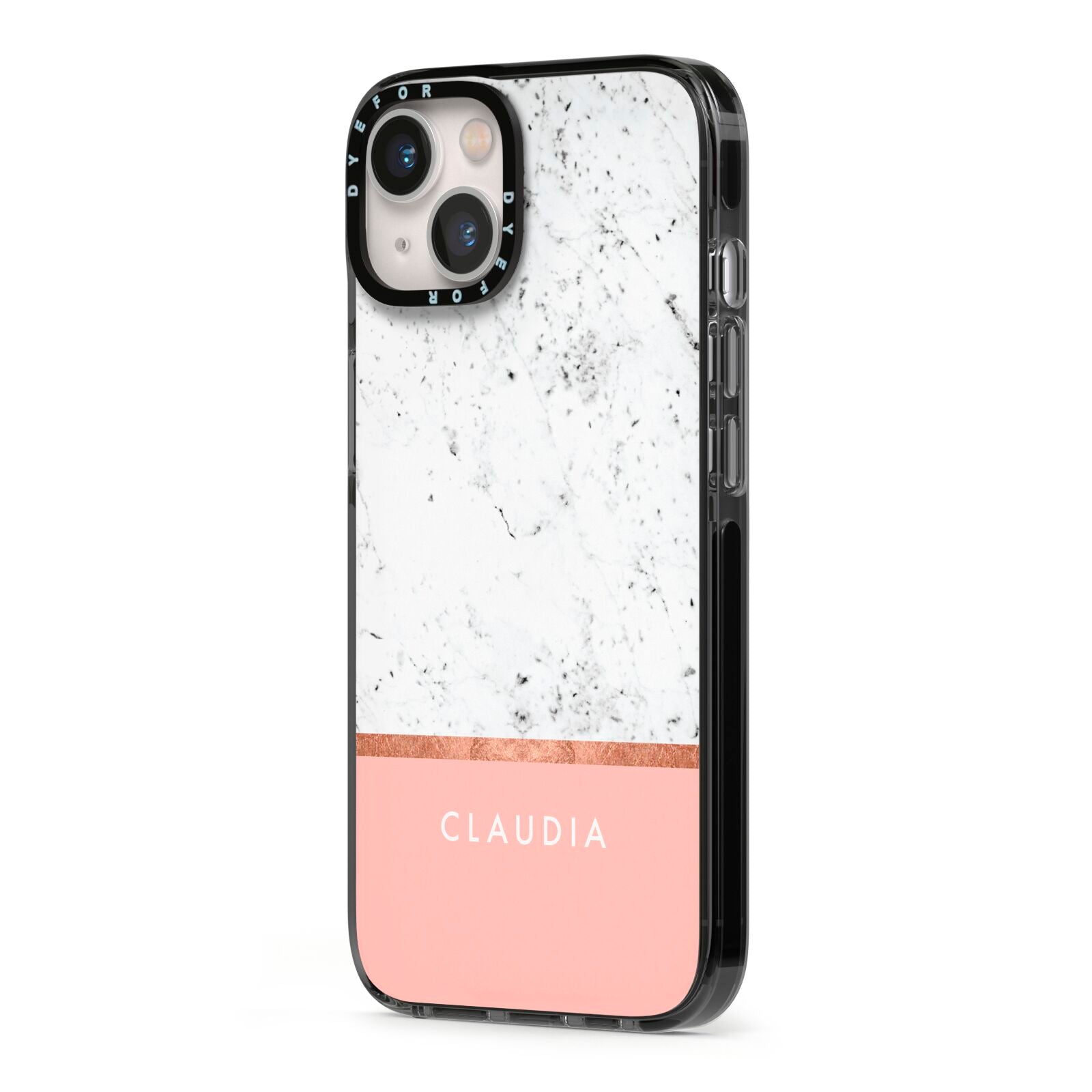 Personalised Marble With Name Initials Pink iPhone 13 Black Impact Case Side Angle on Silver phone