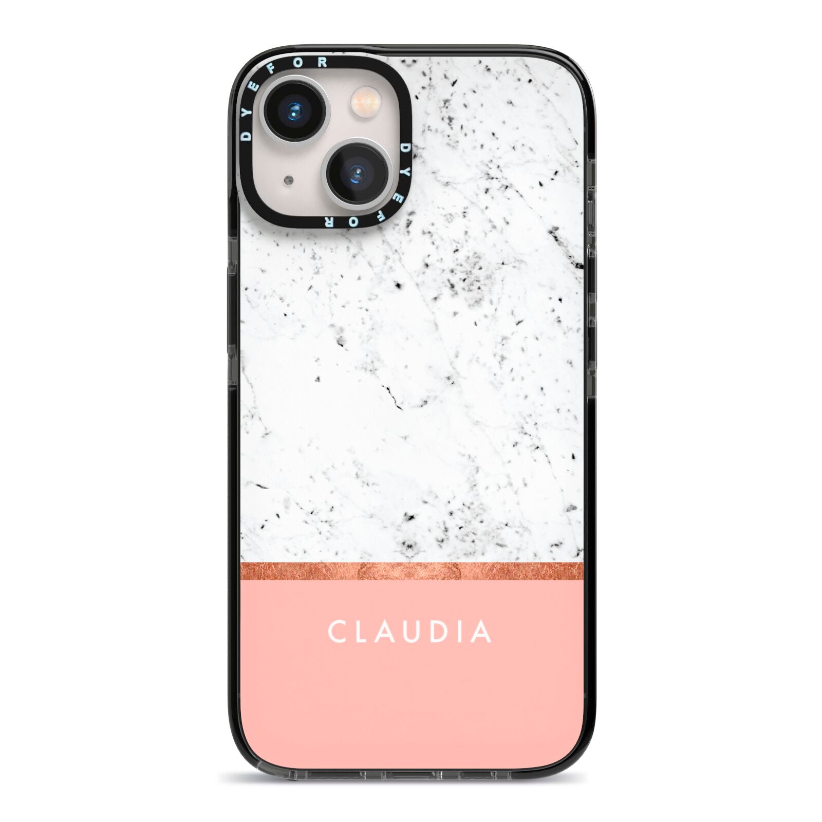 Personalised Marble With Name Initials Pink iPhone 13 Black Impact Case on Silver phone