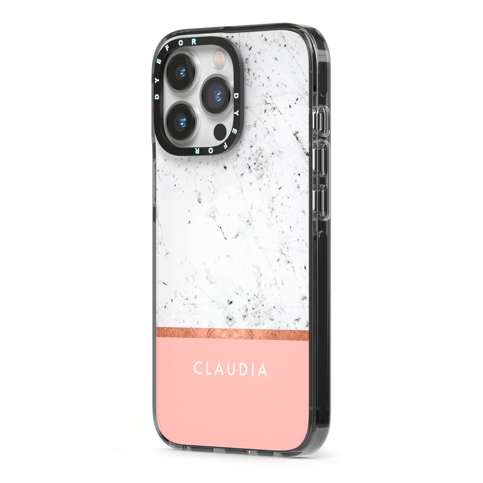 Personalised Marble With Name Initials Pink iPhone 13 Pro Black Impact Case Side Angle on Silver phone