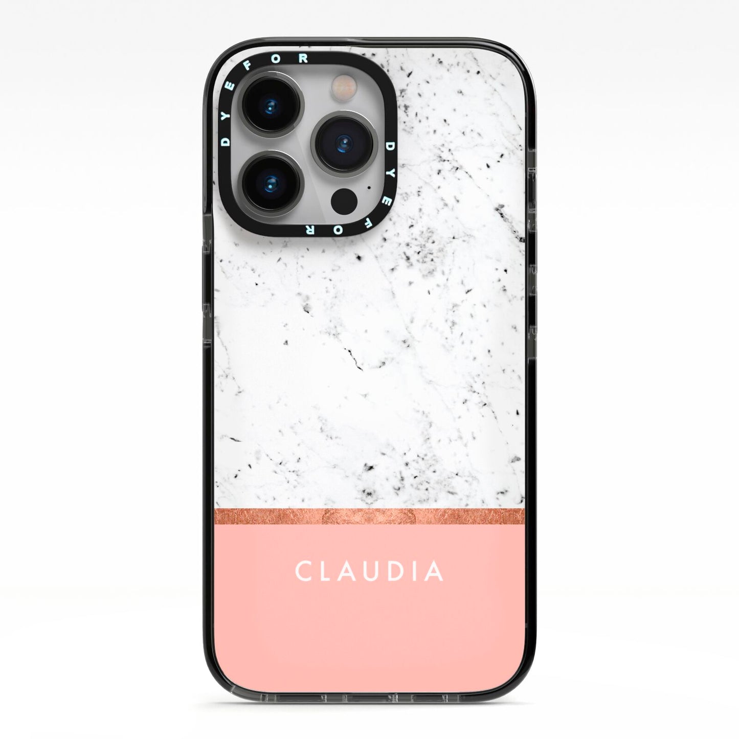 Personalised Marble With Name Initials Pink iPhone 13 Pro Black Impact Case on Silver phone