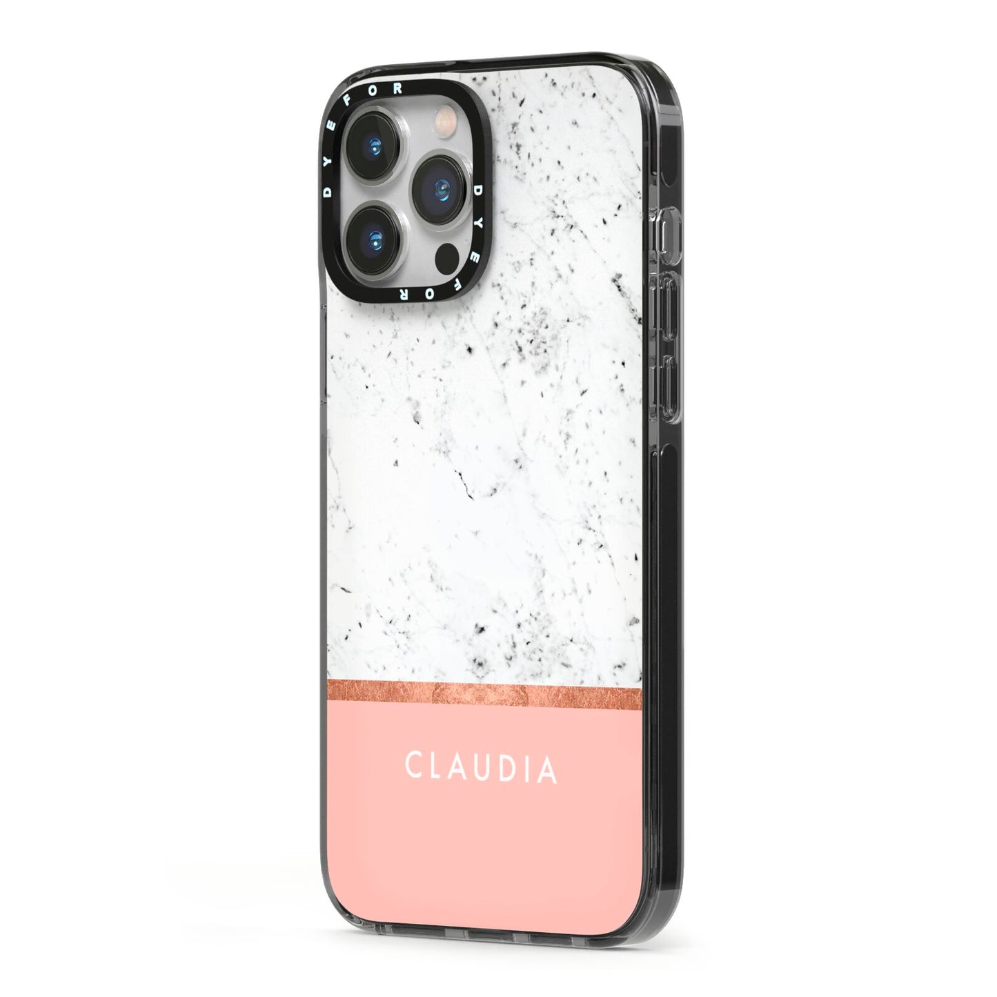 Personalised Marble With Name Initials Pink iPhone 13 Pro Max Black Impact Case Side Angle on Silver phone