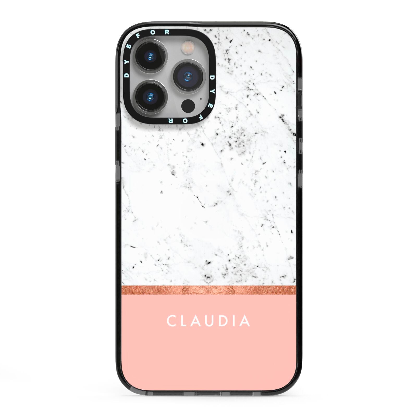 Personalised Marble With Name Initials Pink iPhone 13 Pro Max Black Impact Case on Silver phone