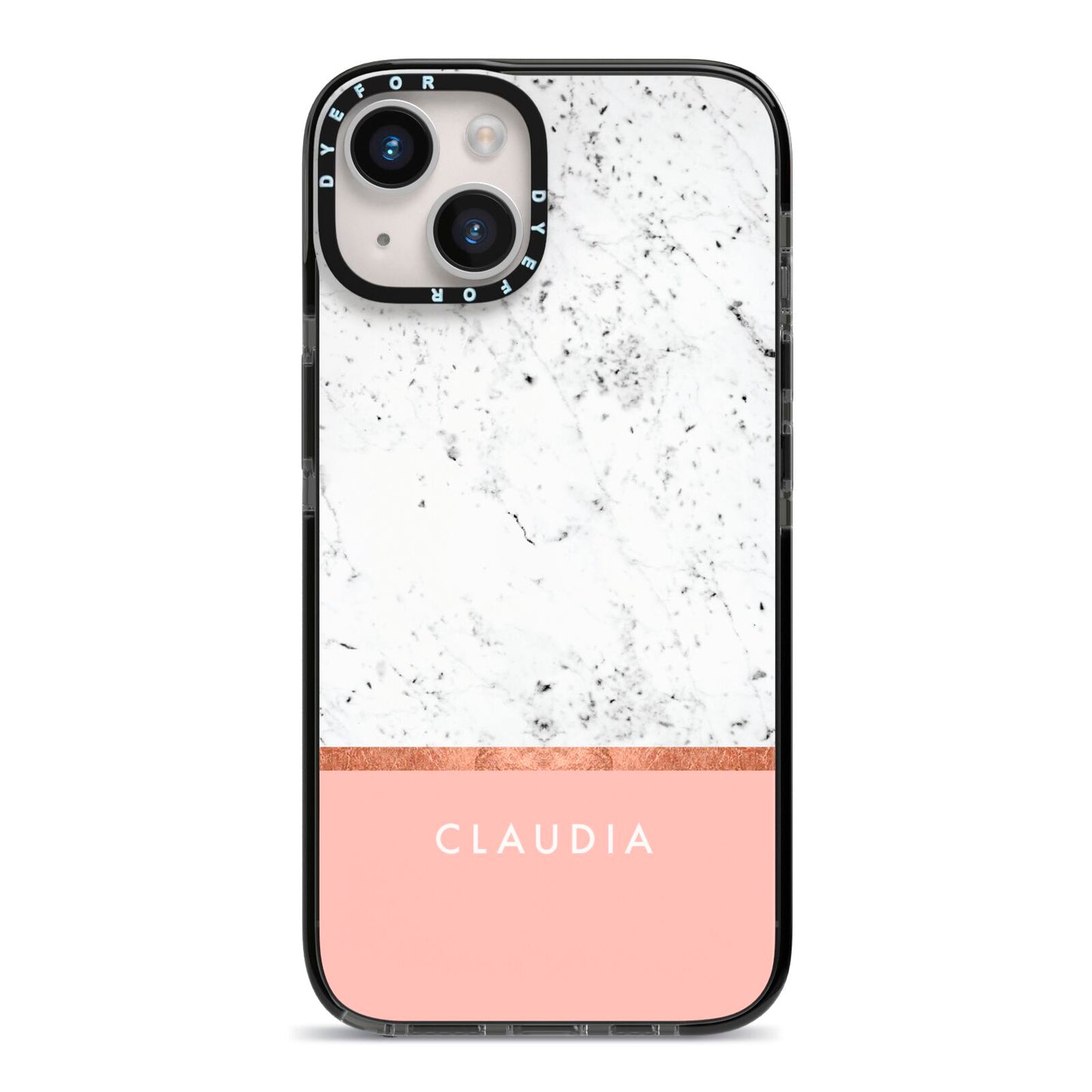 Personalised Marble With Name Initials Pink iPhone 14 Black Impact Case on Silver phone
