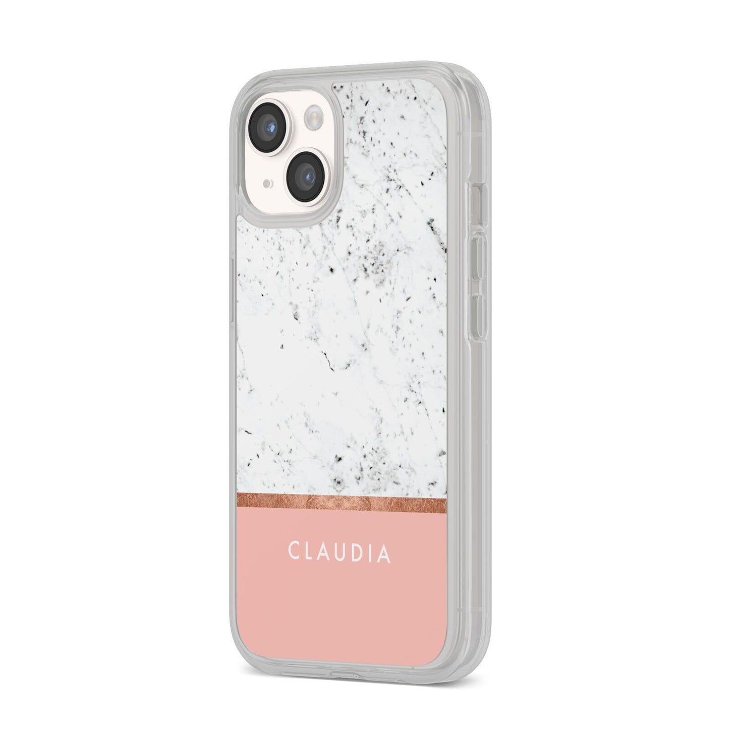 Personalised Marble With Name Initials Pink iPhone 14 Clear Tough Case Starlight Angled Image