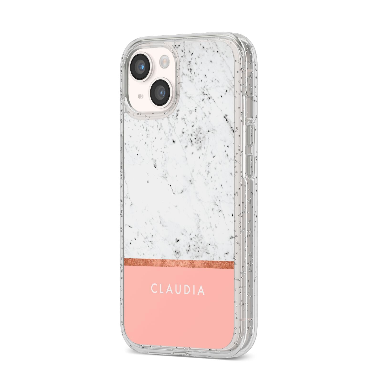 Personalised Marble With Name Initials Pink iPhone 14 Glitter Tough Case Starlight Angled Image