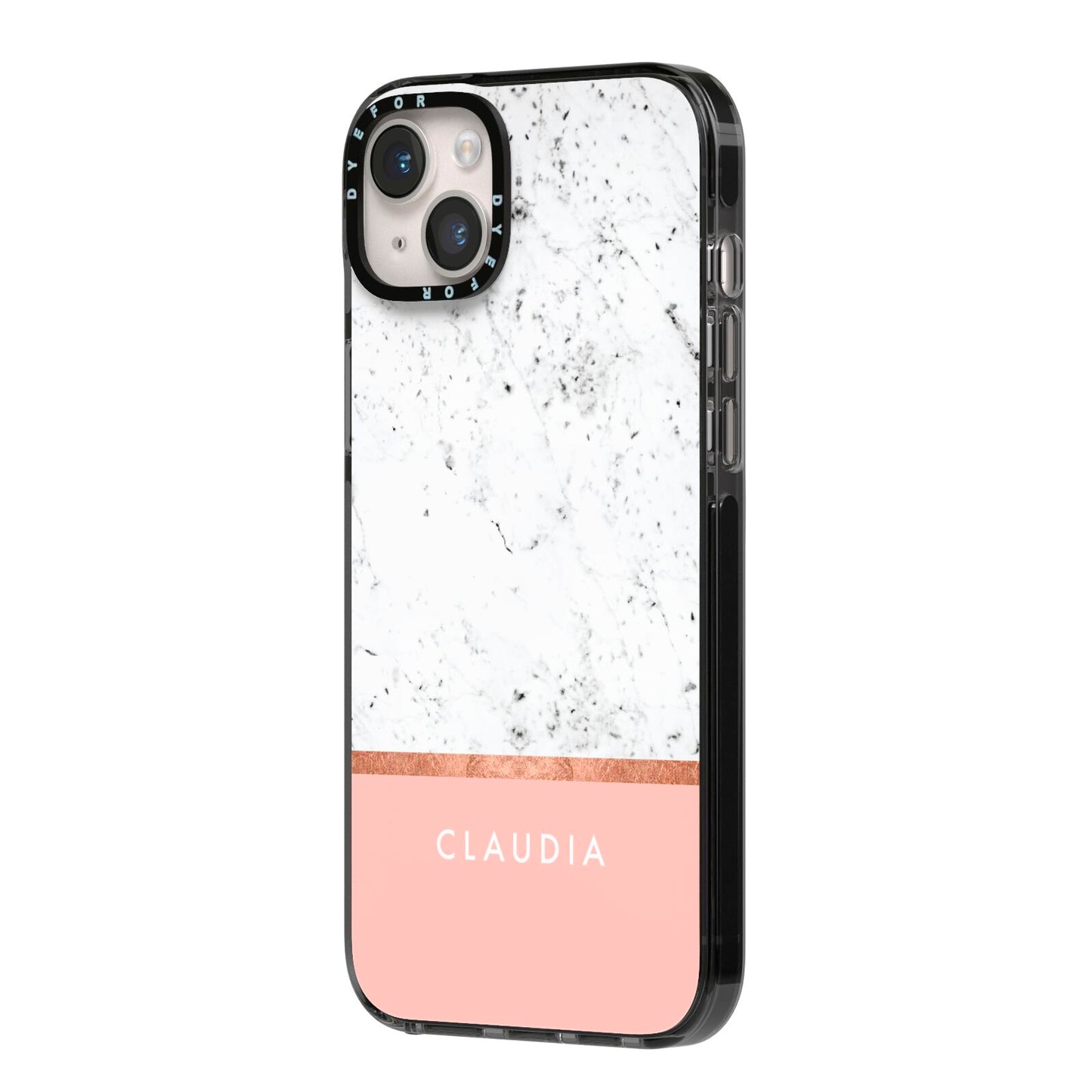 Personalised Marble With Name Initials Pink iPhone 14 Plus Black Impact Case Side Angle on Silver phone