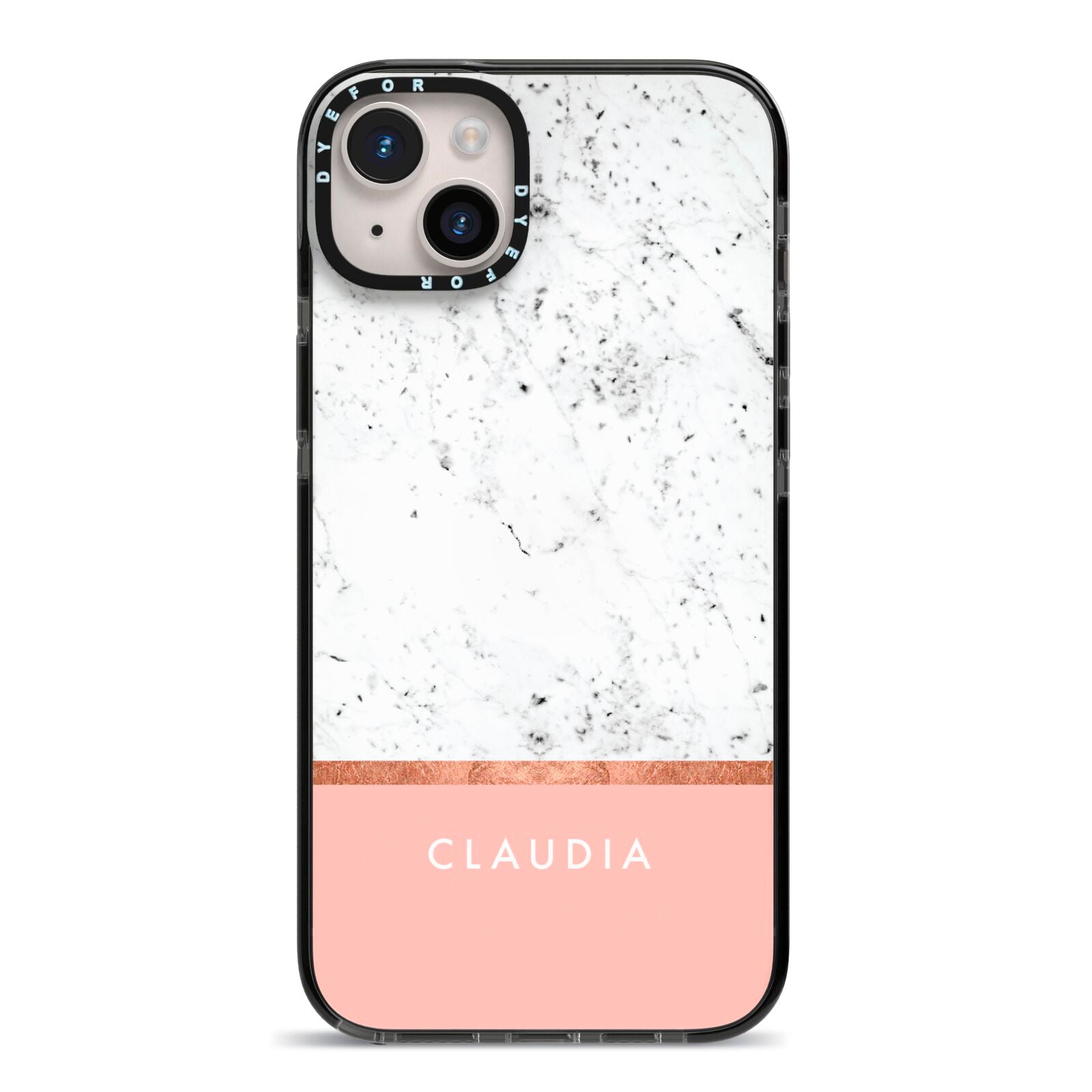 Personalised Marble With Name Initials Pink iPhone 14 Plus Black Impact Case on Silver phone