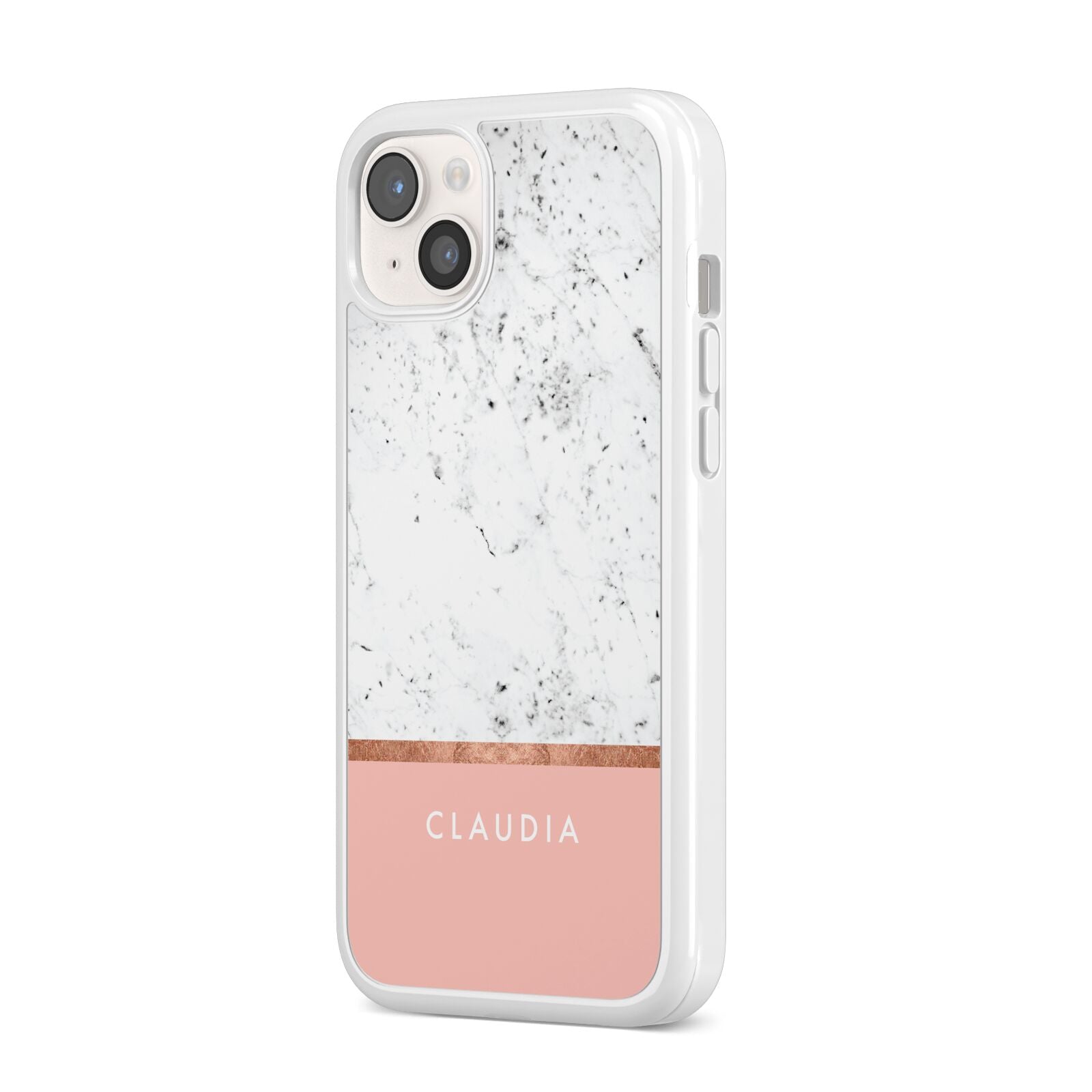 Personalised Marble With Name Initials Pink iPhone 14 Plus Clear Tough Case Starlight Angled Image
