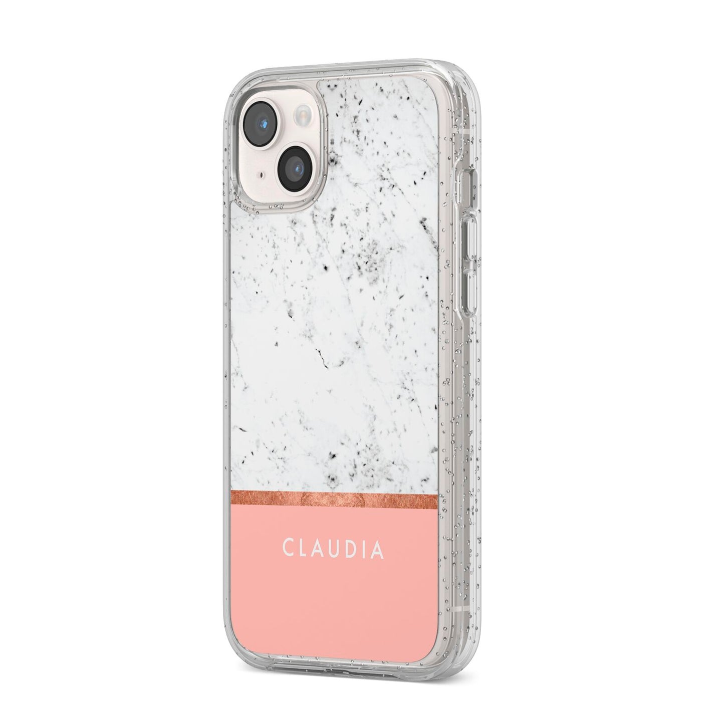 Personalised Marble With Name Initials Pink iPhone 14 Plus Glitter Tough Case Starlight Angled Image