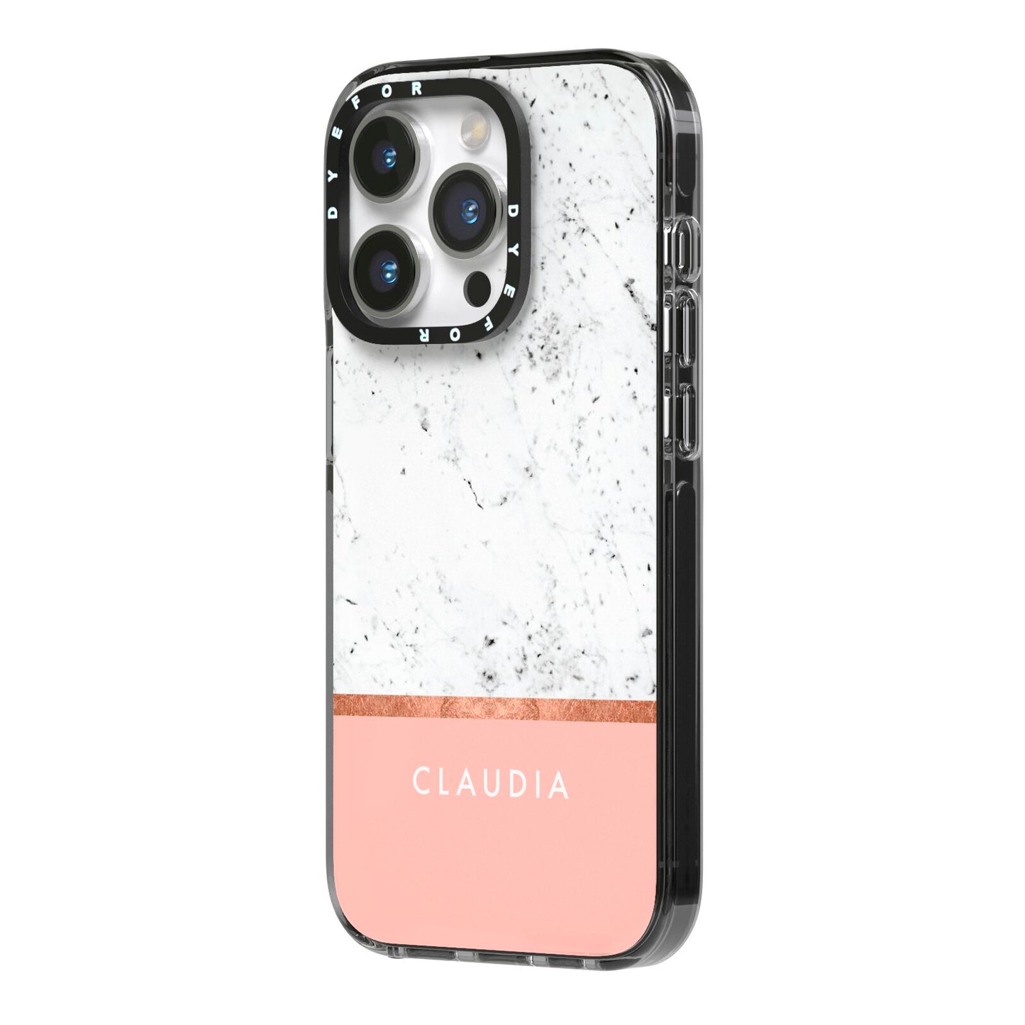 Personalised Marble With Name Initials Pink iPhone 14 Pro Black Impact Case Side Angle on Silver phone