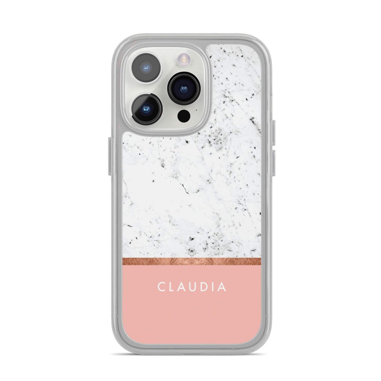 Personalised Marble With Name Initials Pink iPhone 14 Pro Clear Tough Case Silver