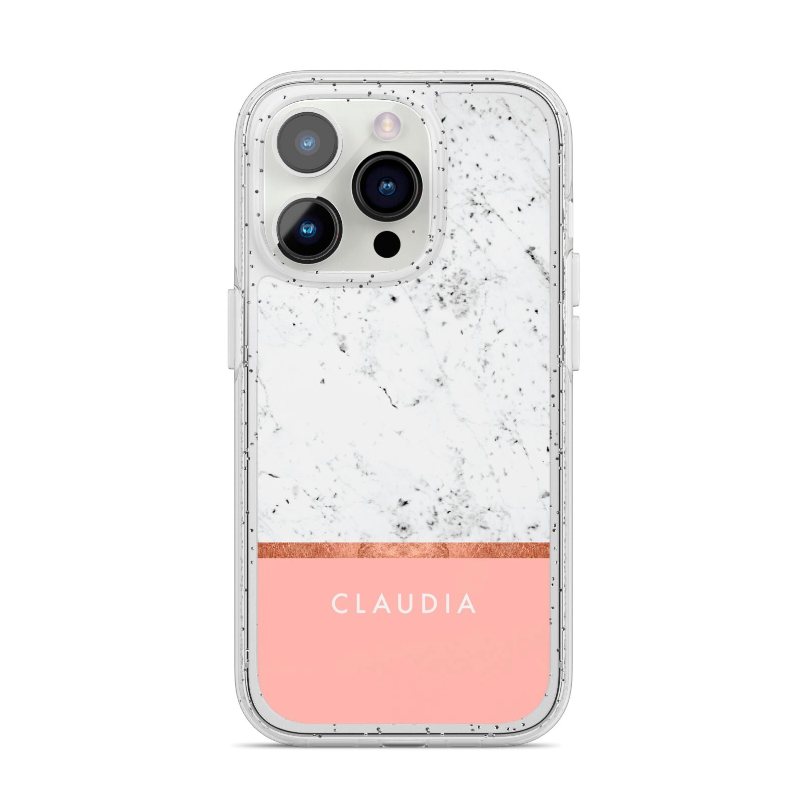 Personalised Marble With Name Initials Pink iPhone 14 Pro Glitter Tough Case Silver