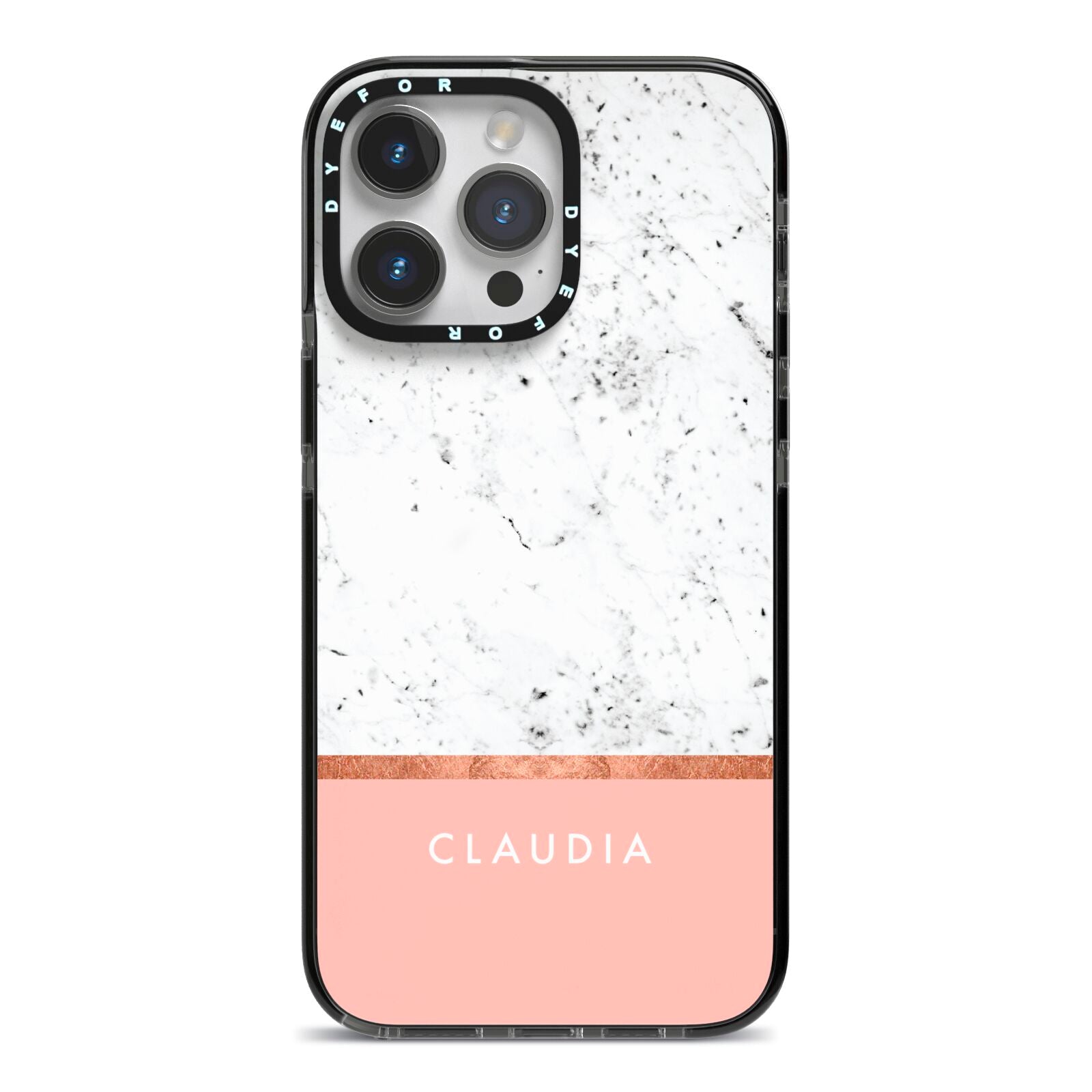 Personalised Marble With Name Initials Pink iPhone 14 Pro Max Black Impact Case on Silver phone