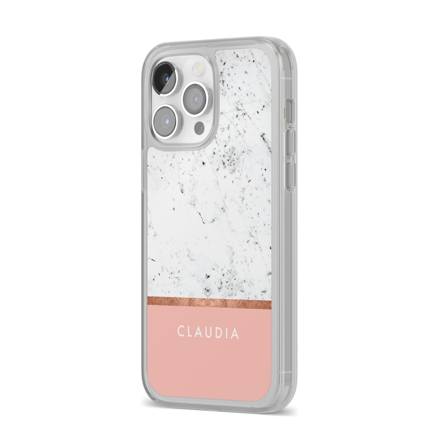 Personalised Marble With Name Initials Pink iPhone 14 Pro Max Clear Tough Case Silver Angled Image