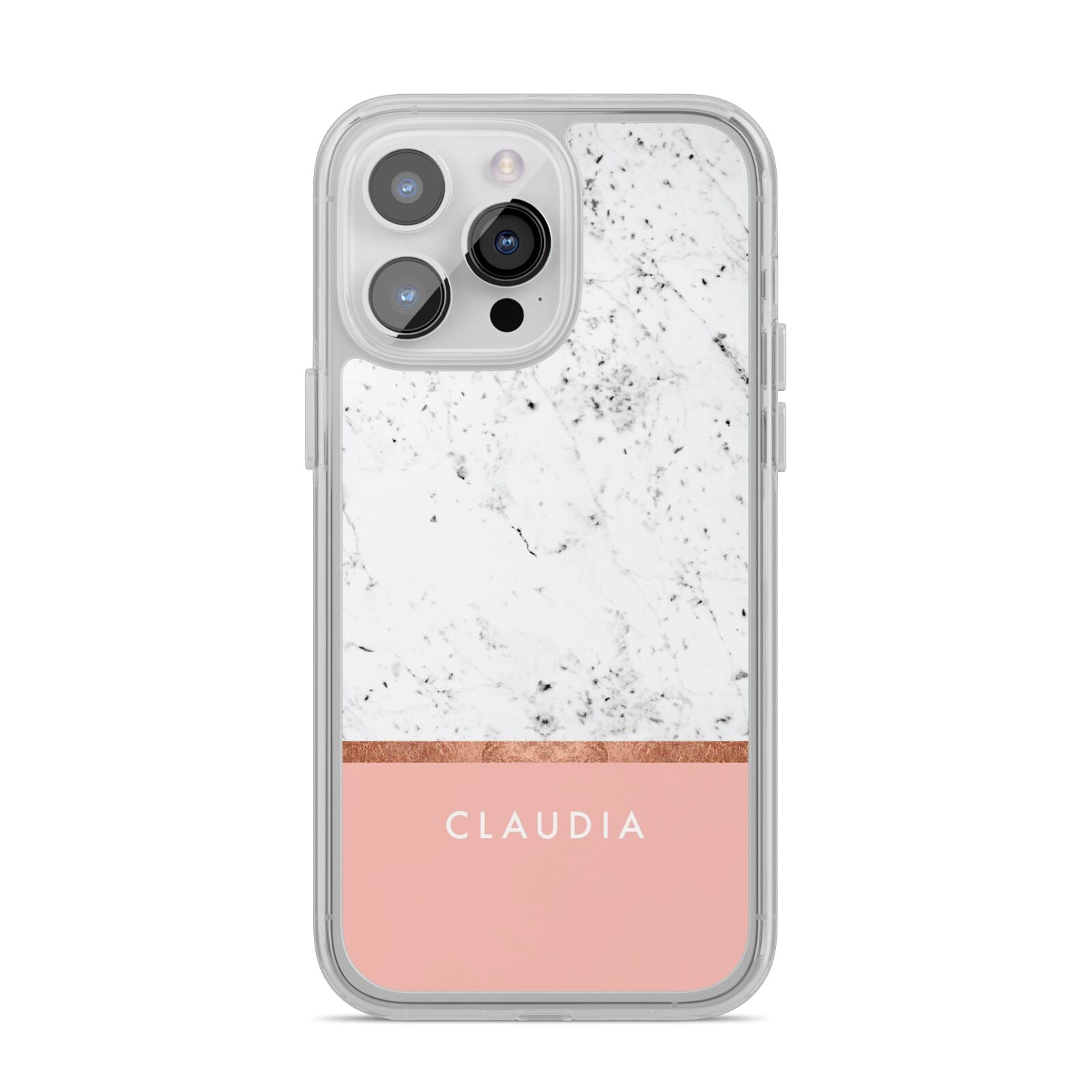 Personalised Marble With Name Initials Pink iPhone 14 Pro Max Clear Tough Case Silver
