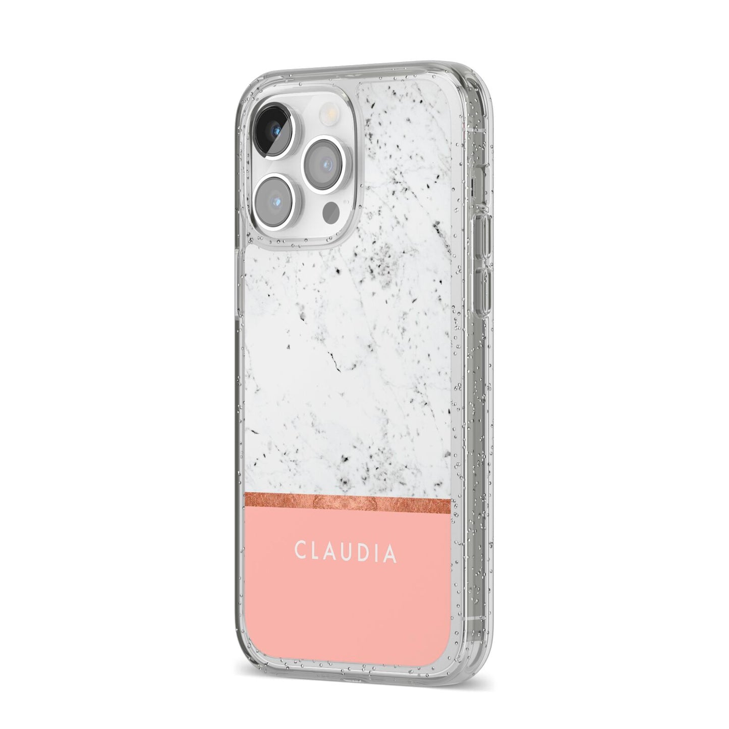 Personalised Marble With Name Initials Pink iPhone 14 Pro Max Glitter Tough Case Silver Angled Image