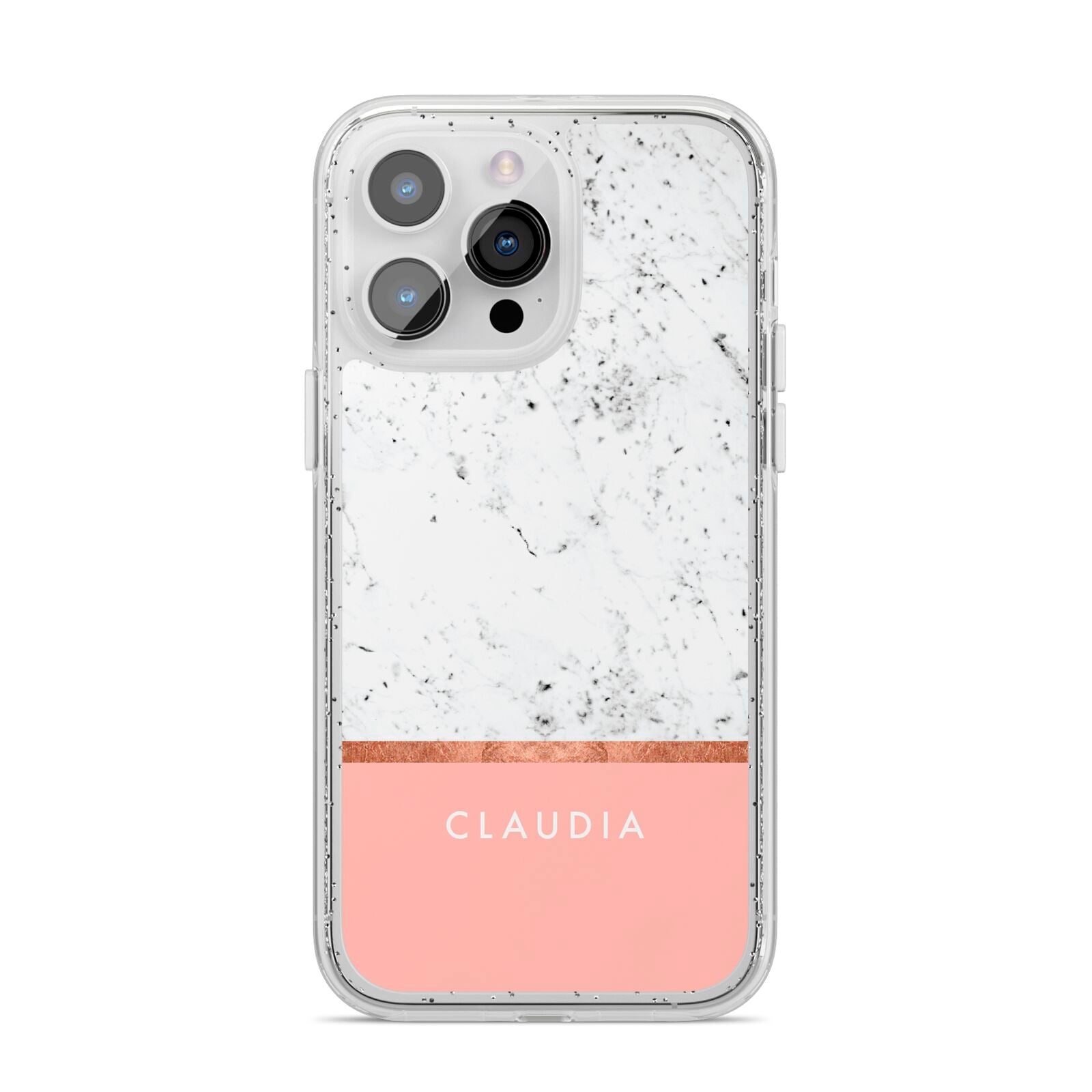 Personalised Marble With Name Initials Pink iPhone 14 Pro Max Glitter Tough Case Silver