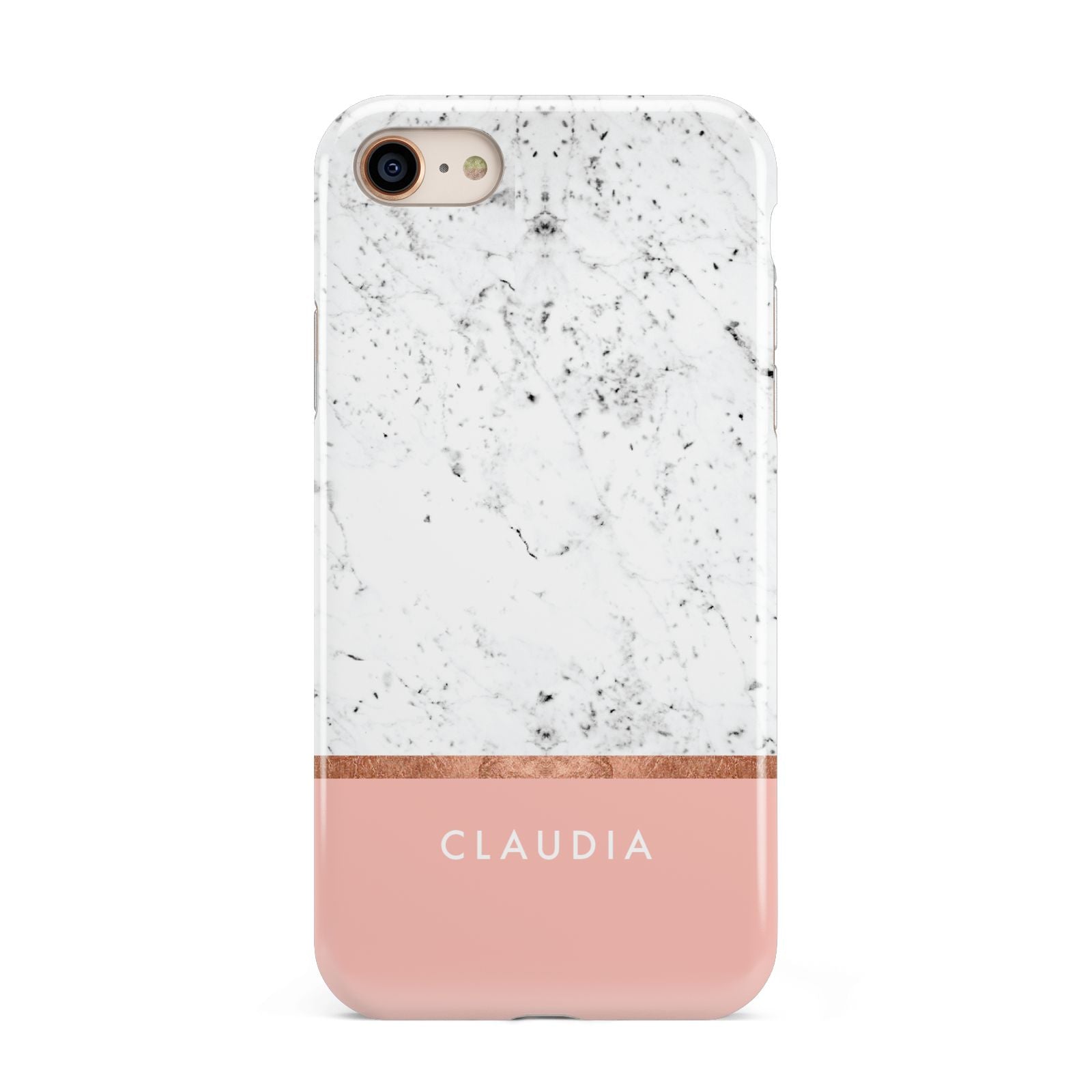 Personalised Marble With Name Initials Pink iPhone 8 3D Tough Case on Gold Phone