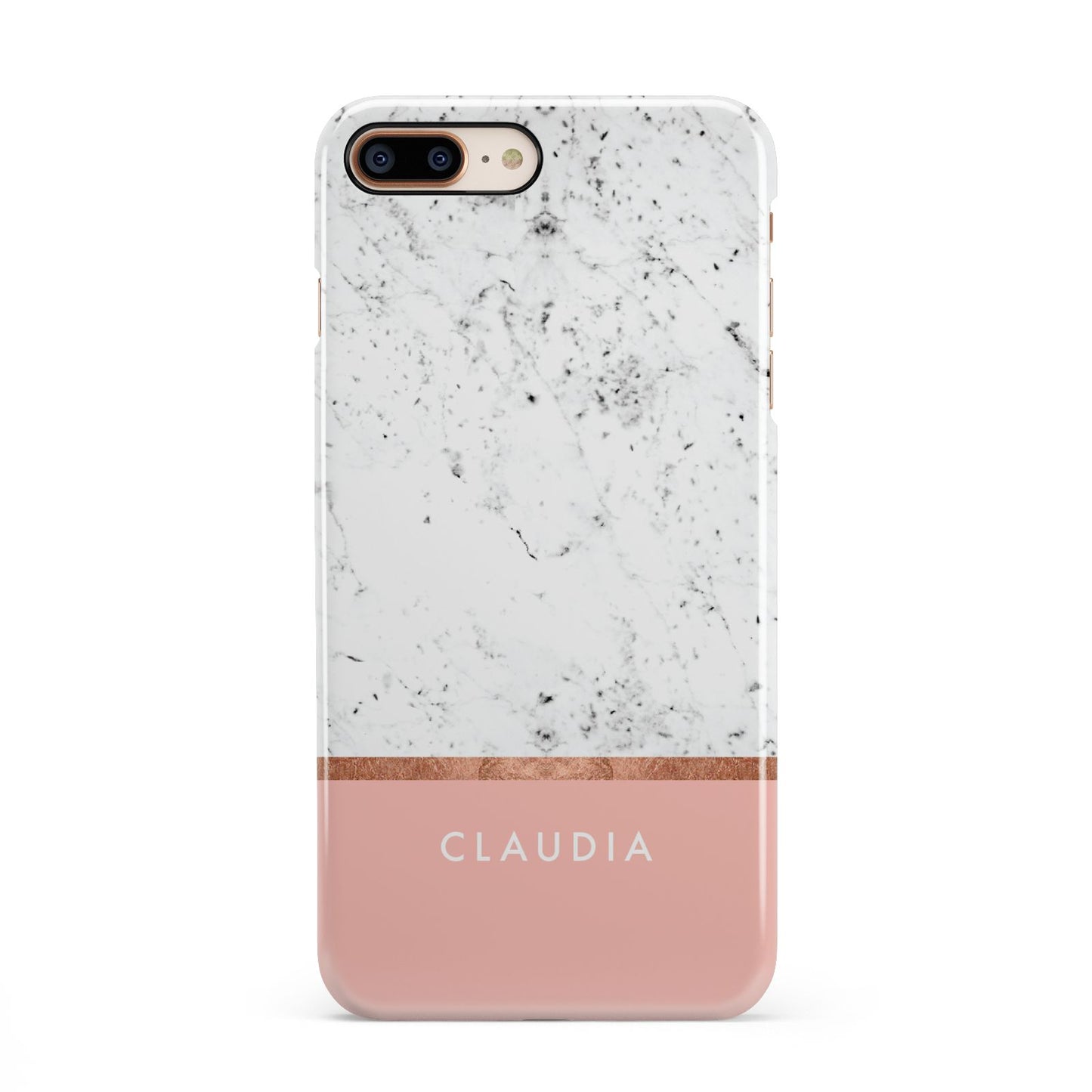 Personalised Marble With Name Initials Pink iPhone 8 Plus 3D Snap Case on Gold Phone