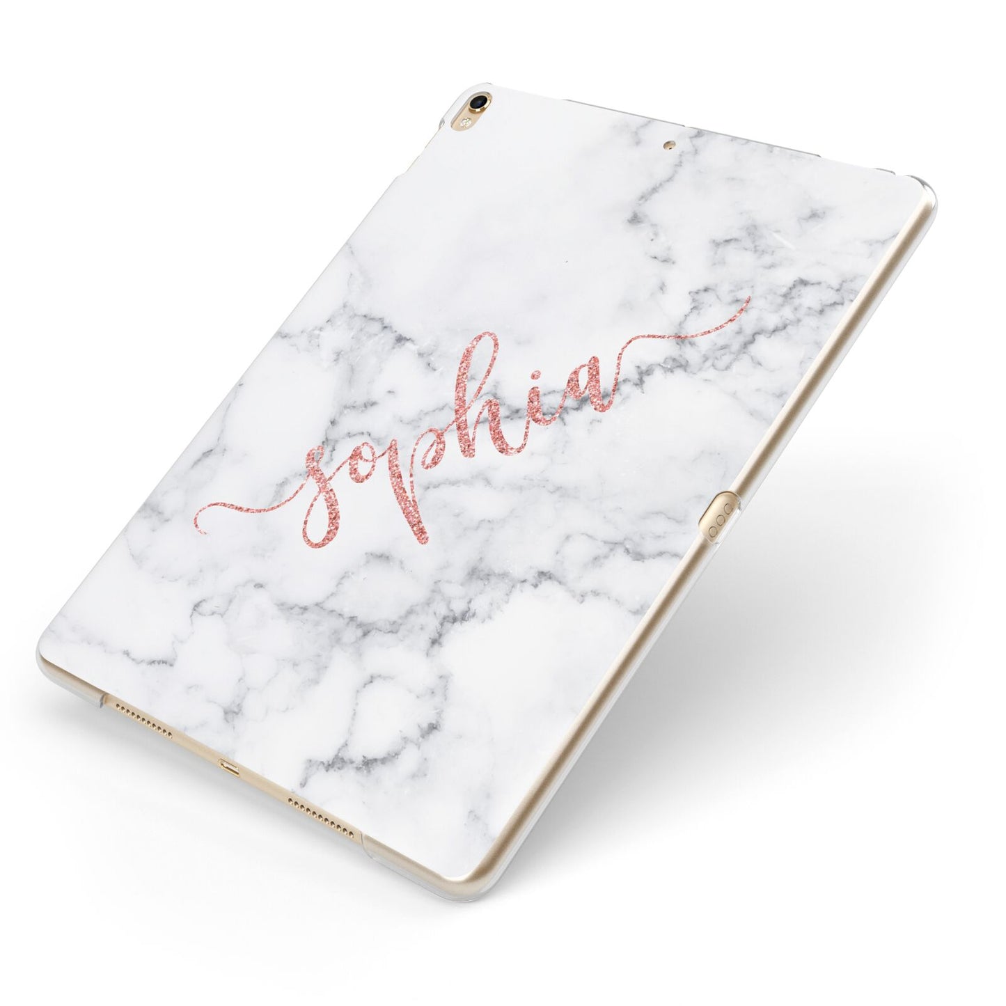 Personalised Marble with Pink Glitter Text Apple iPad Case on Gold iPad Side View
