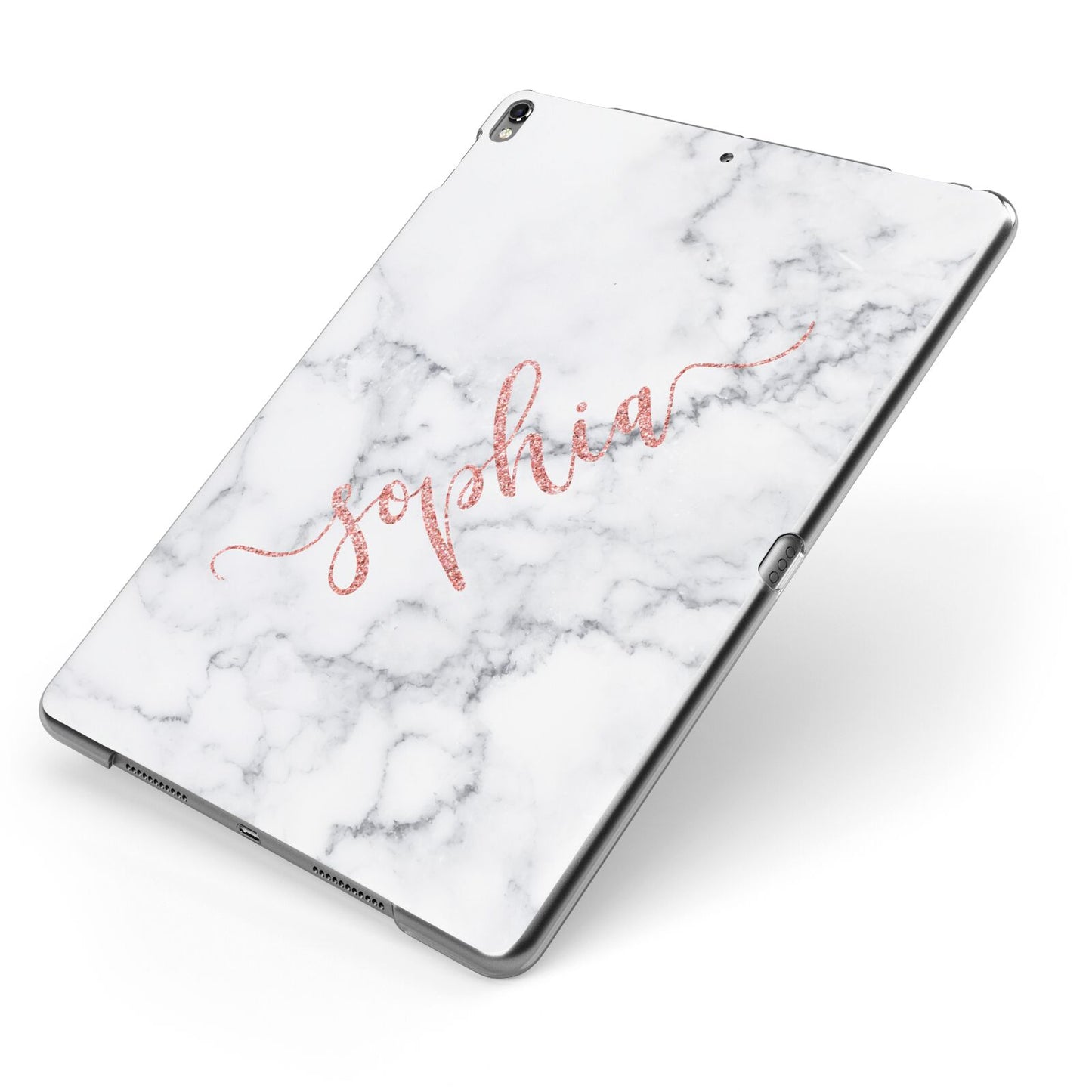 Personalised Marble with Pink Glitter Text Apple iPad Case on Grey iPad Side View