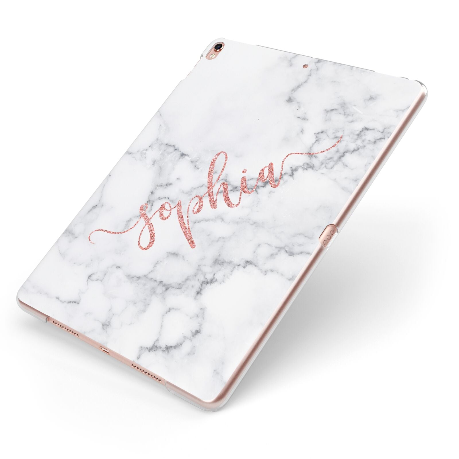 Personalised Marble with Pink Glitter Text Apple iPad Case on Rose Gold iPad Side View