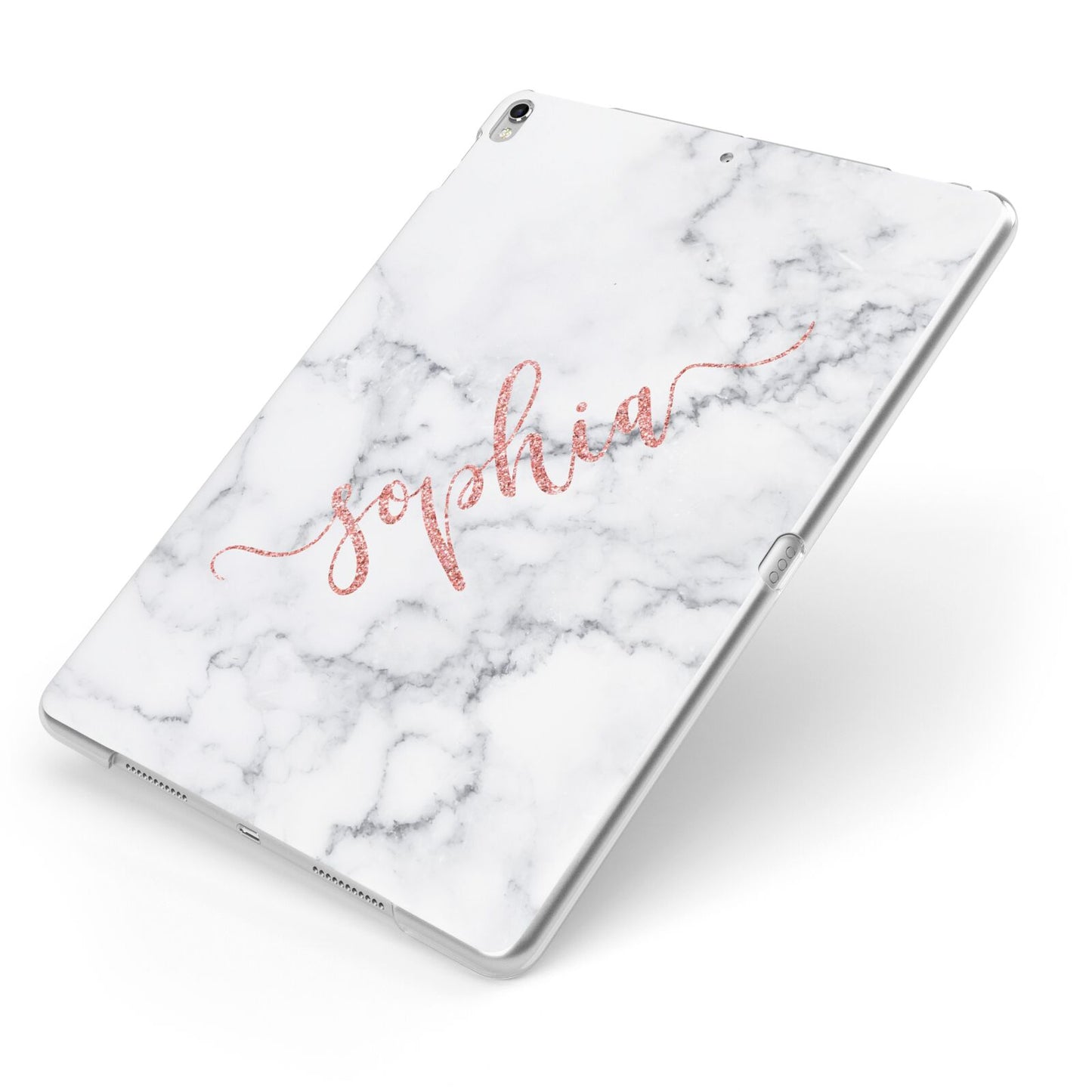 Personalised Marble with Pink Glitter Text Apple iPad Case on Silver iPad Side View