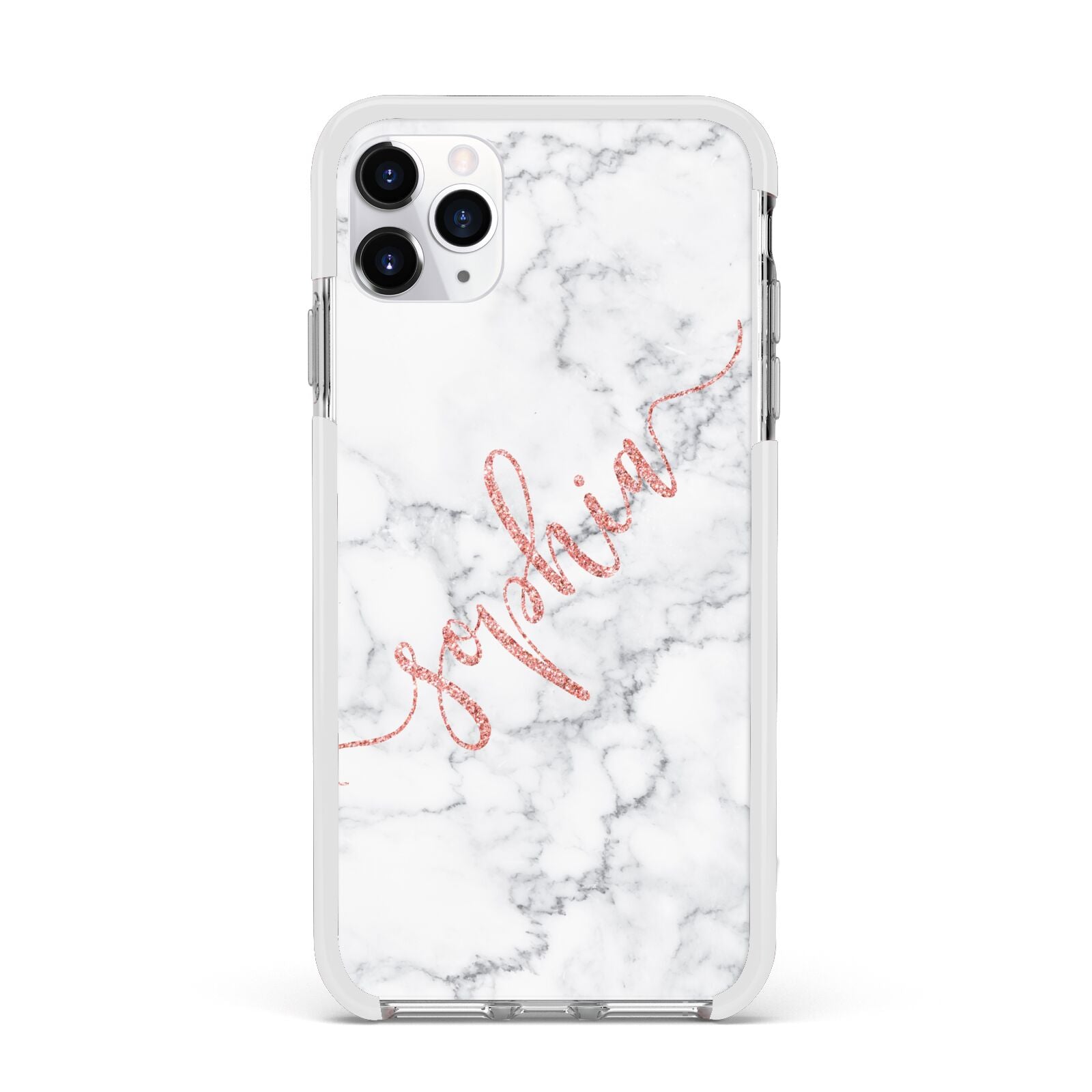 Personalised Marble with Pink Glitter Text Apple iPhone 11 Pro Max in Silver with White Impact Case