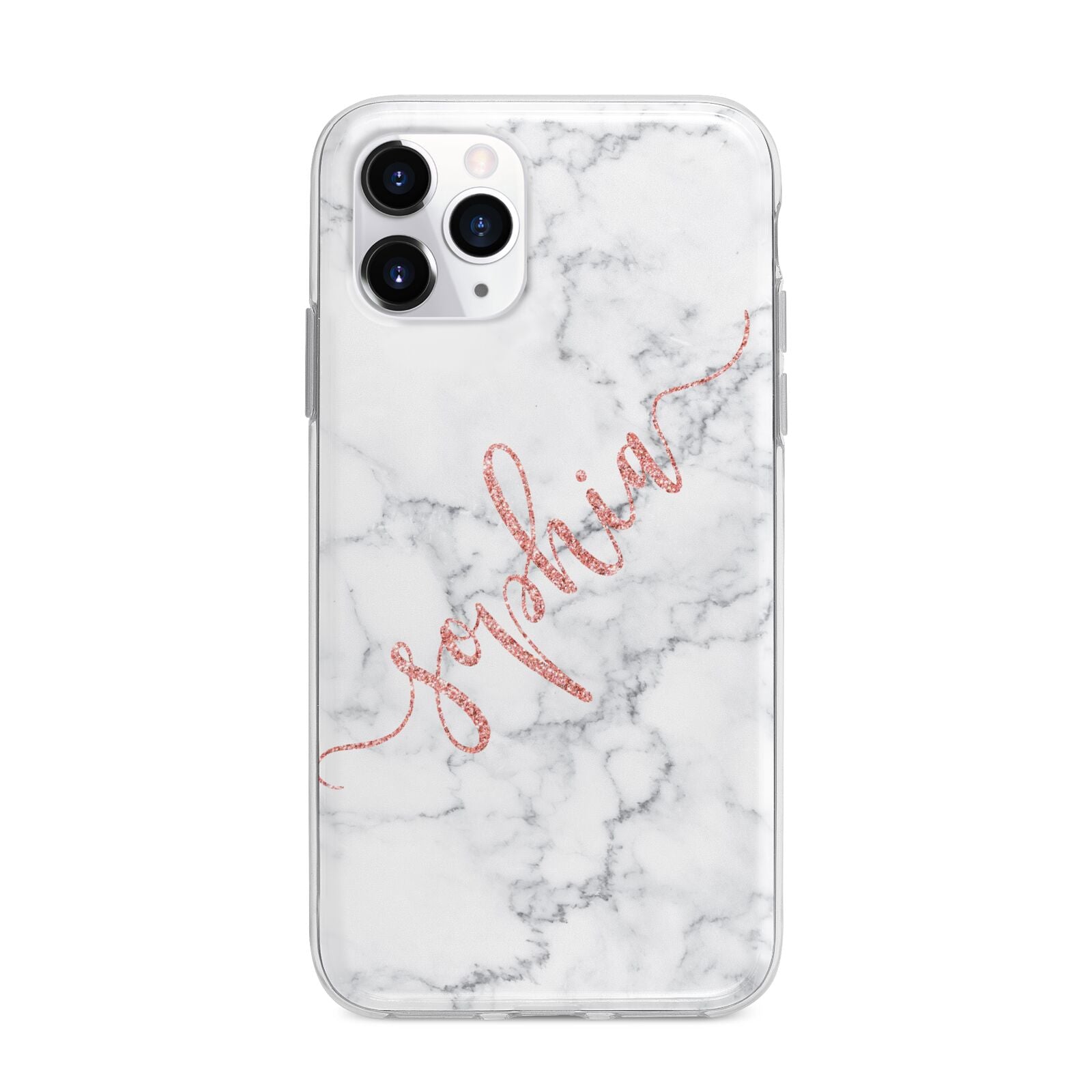 Personalised Marble with Pink Glitter Text Apple iPhone 11 Pro in Silver with Bumper Case
