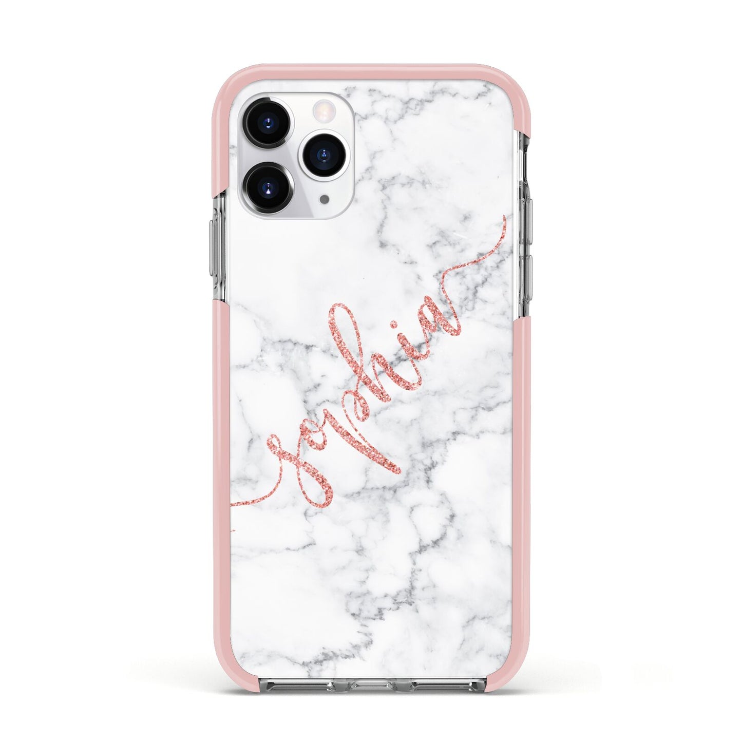 Personalised Marble with Pink Glitter Text Apple iPhone 11 Pro in Silver with Pink Impact Case