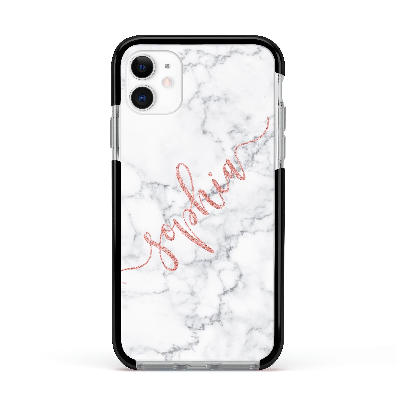 Personalised Marble with Pink Glitter Text Apple iPhone 11 in White with Black Impact Case